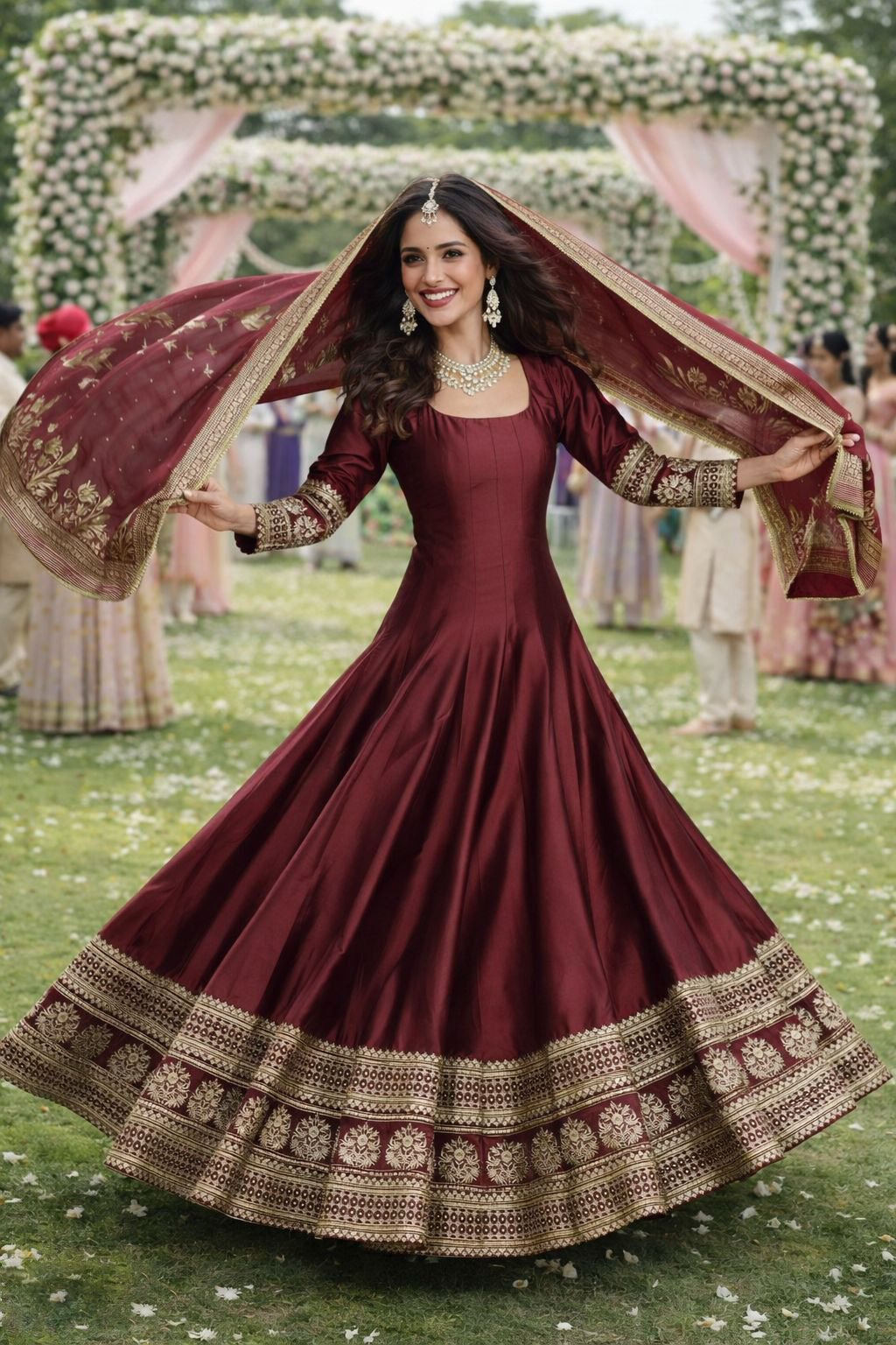 Maroon Designer Embroidered Silk Anarkali Suit