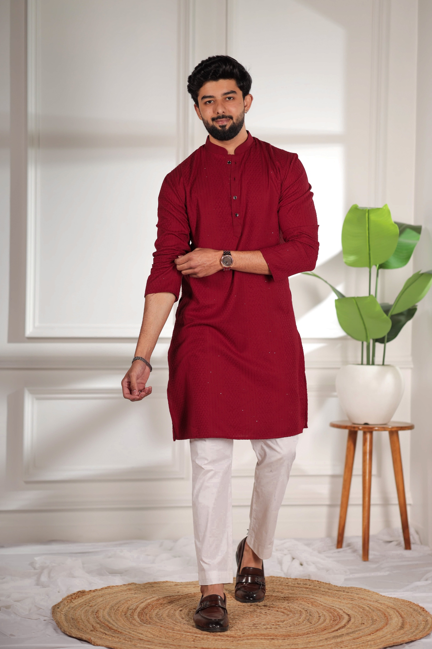 Maroon Designer Embroidery Cotton Kurta Pyjama