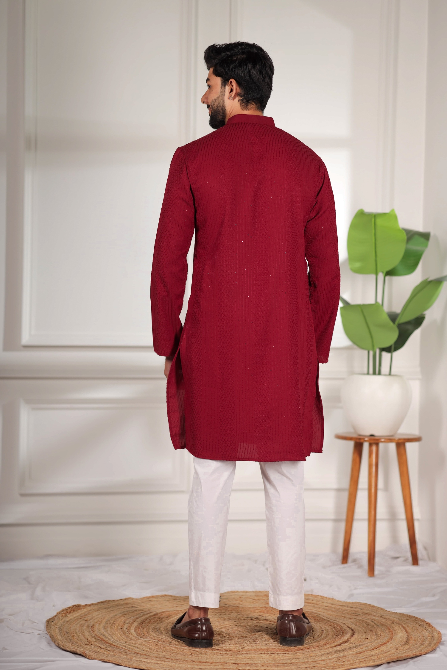 Maroon Designer Embroidery Cotton Kurta Pyjama — alternate view