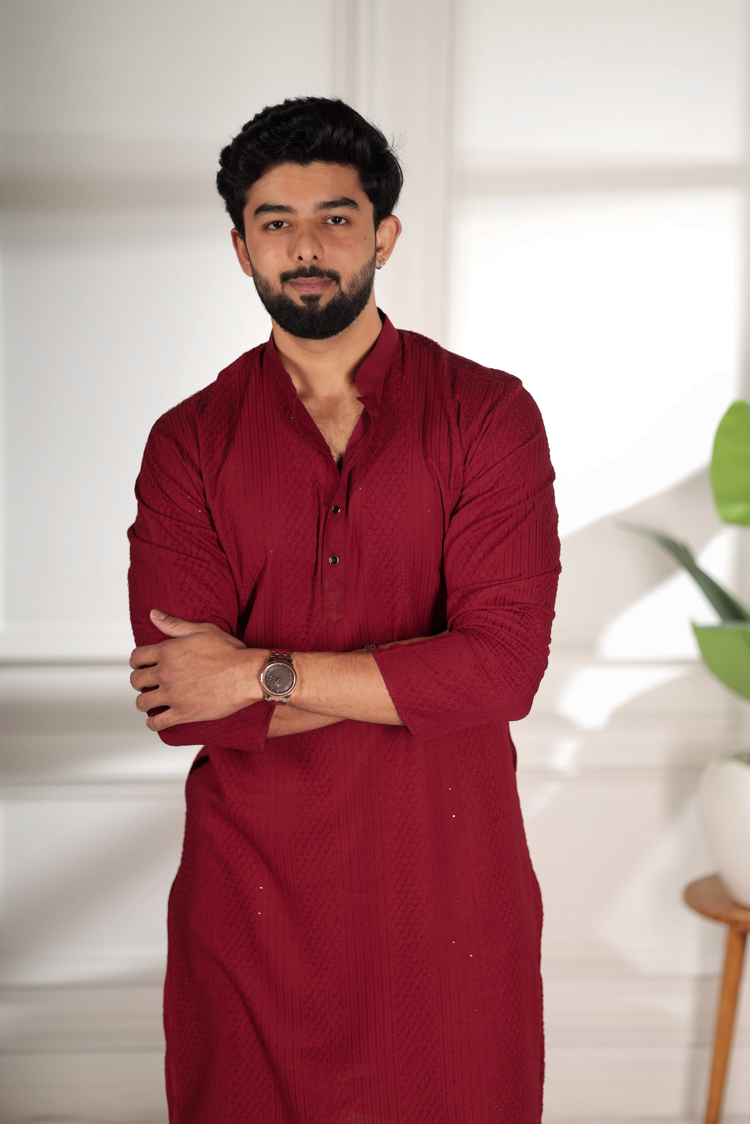 Maroon Designer Embroidery Cotton Kurta Pyjama