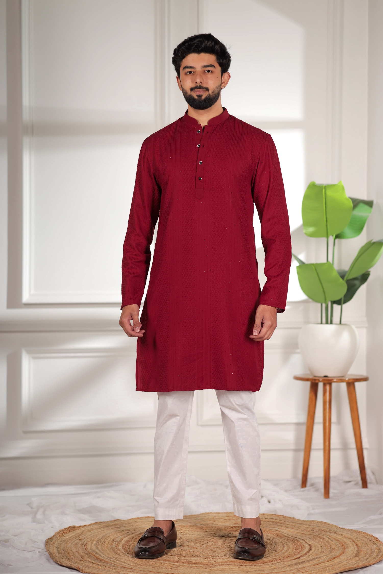 Maroon Designer Embroidery Cotton Kurta Pyjama