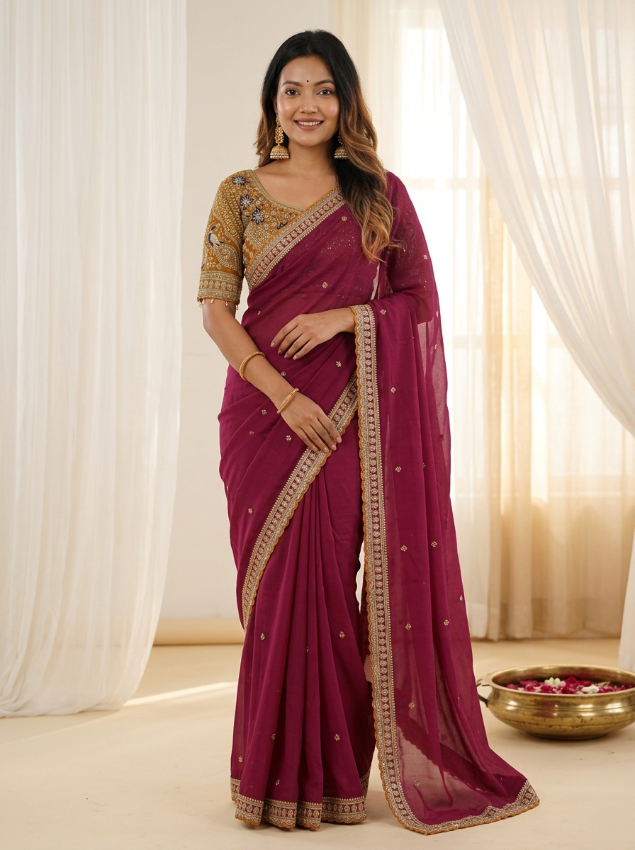 Maroon Designer Embroidery Rangoli Silk Saree