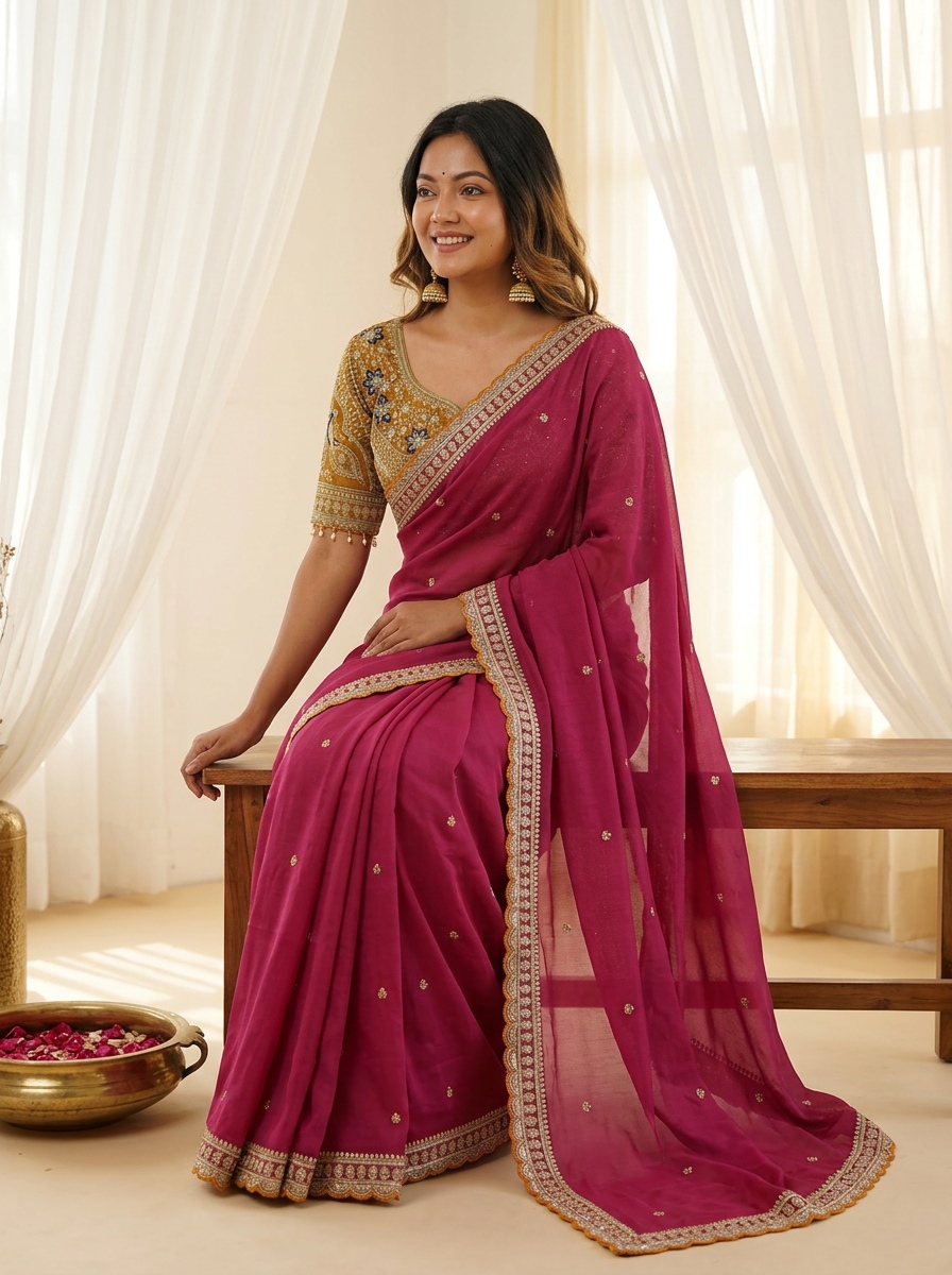 Maroon Designer Embroidery Rangoli Silk Saree