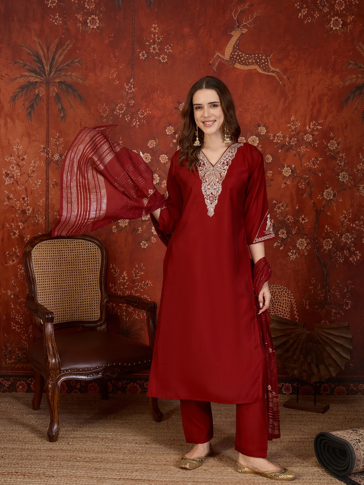 Maroon Designer Embroidery Roman Silk Straight Suit