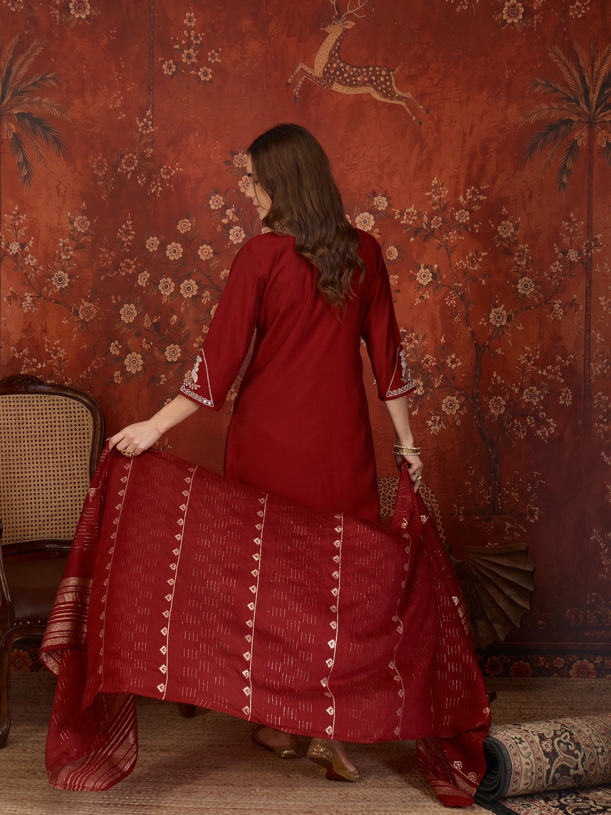 Maroon Designer Embroidery Roman Silk Straight Suit — alternate view