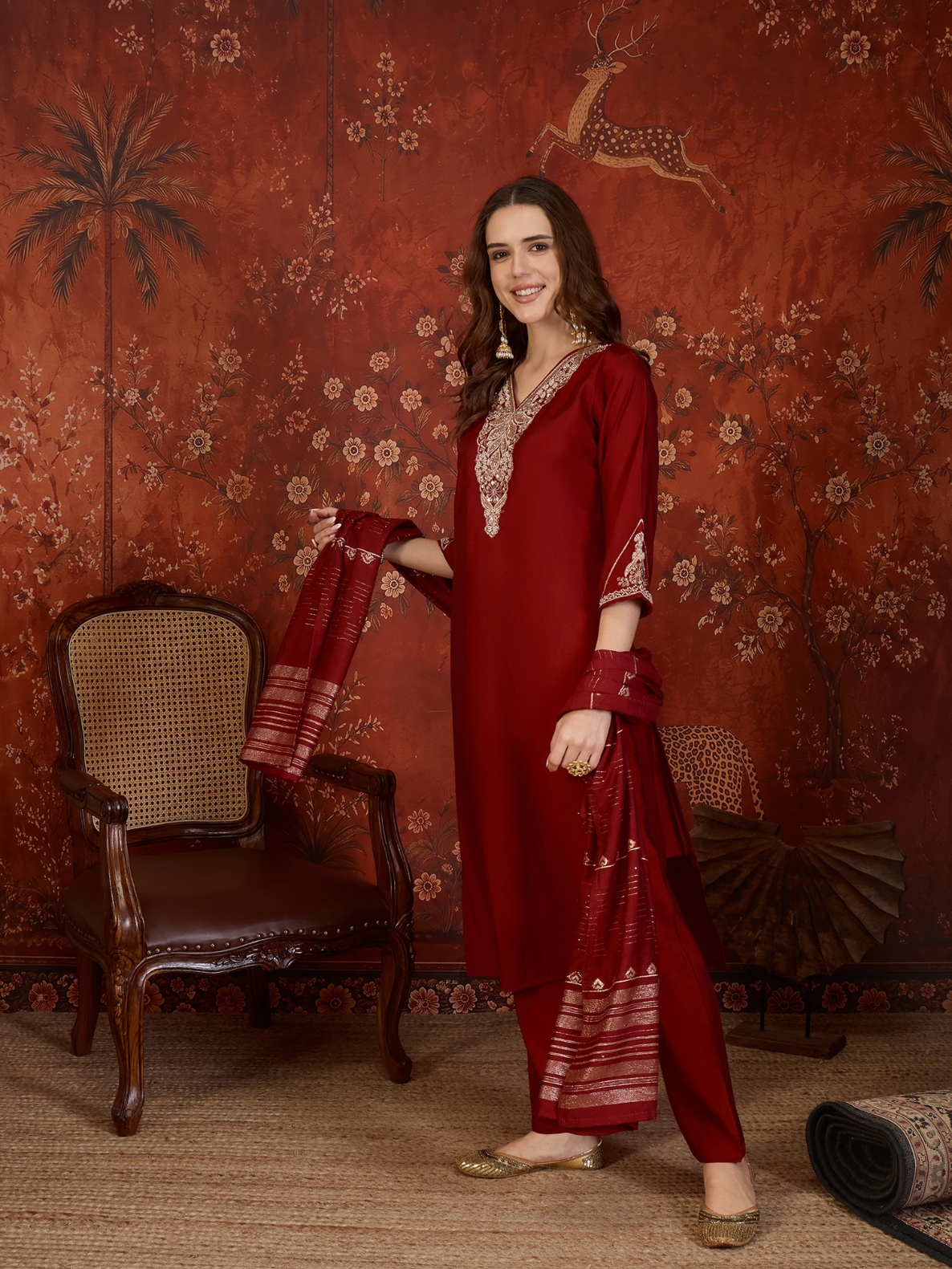Maroon Designer Embroidery Roman Silk Straight Suit