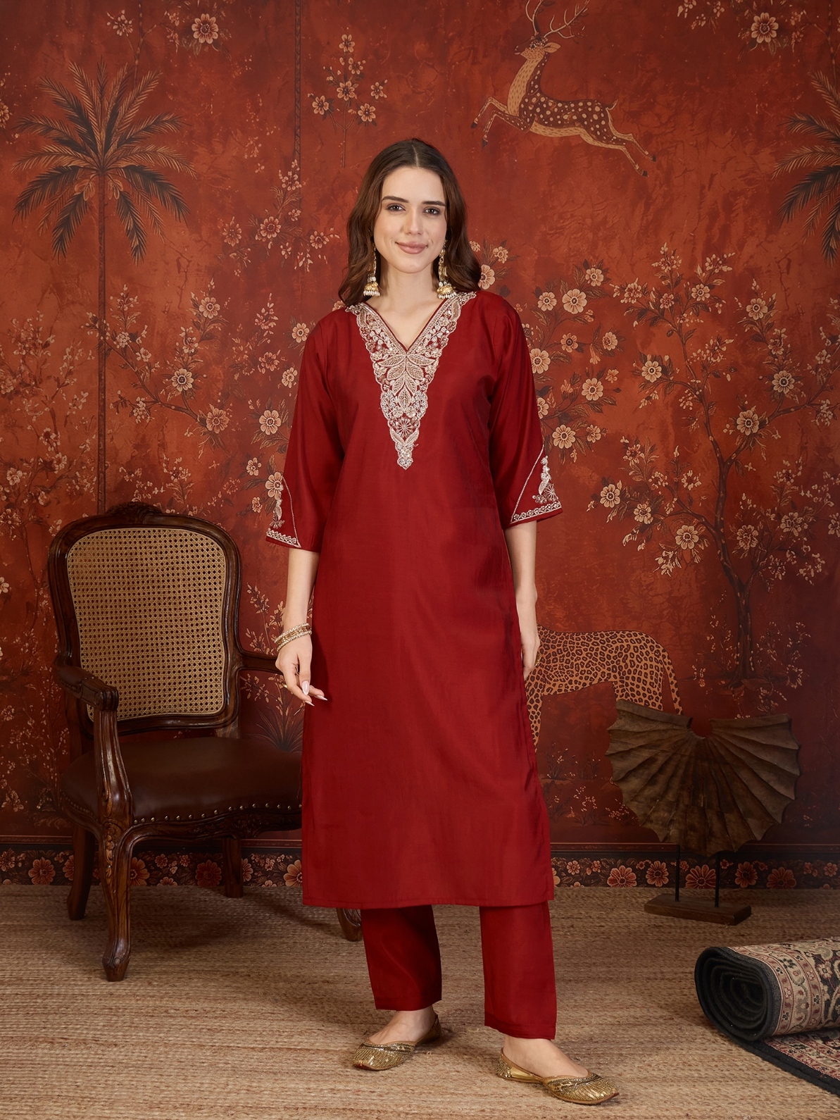 Maroon Designer Embroidery Roman Silk Straight Suit