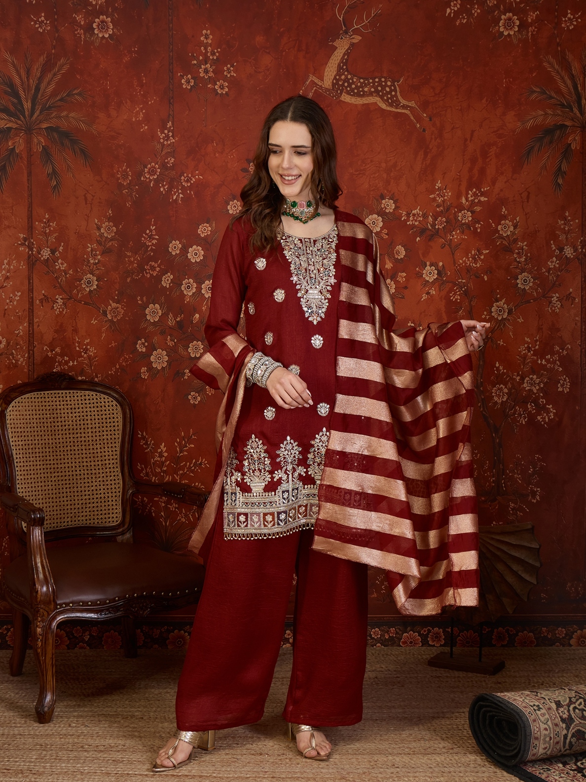 Maroon Designer Embroidery Vichitra Palazzo Suit