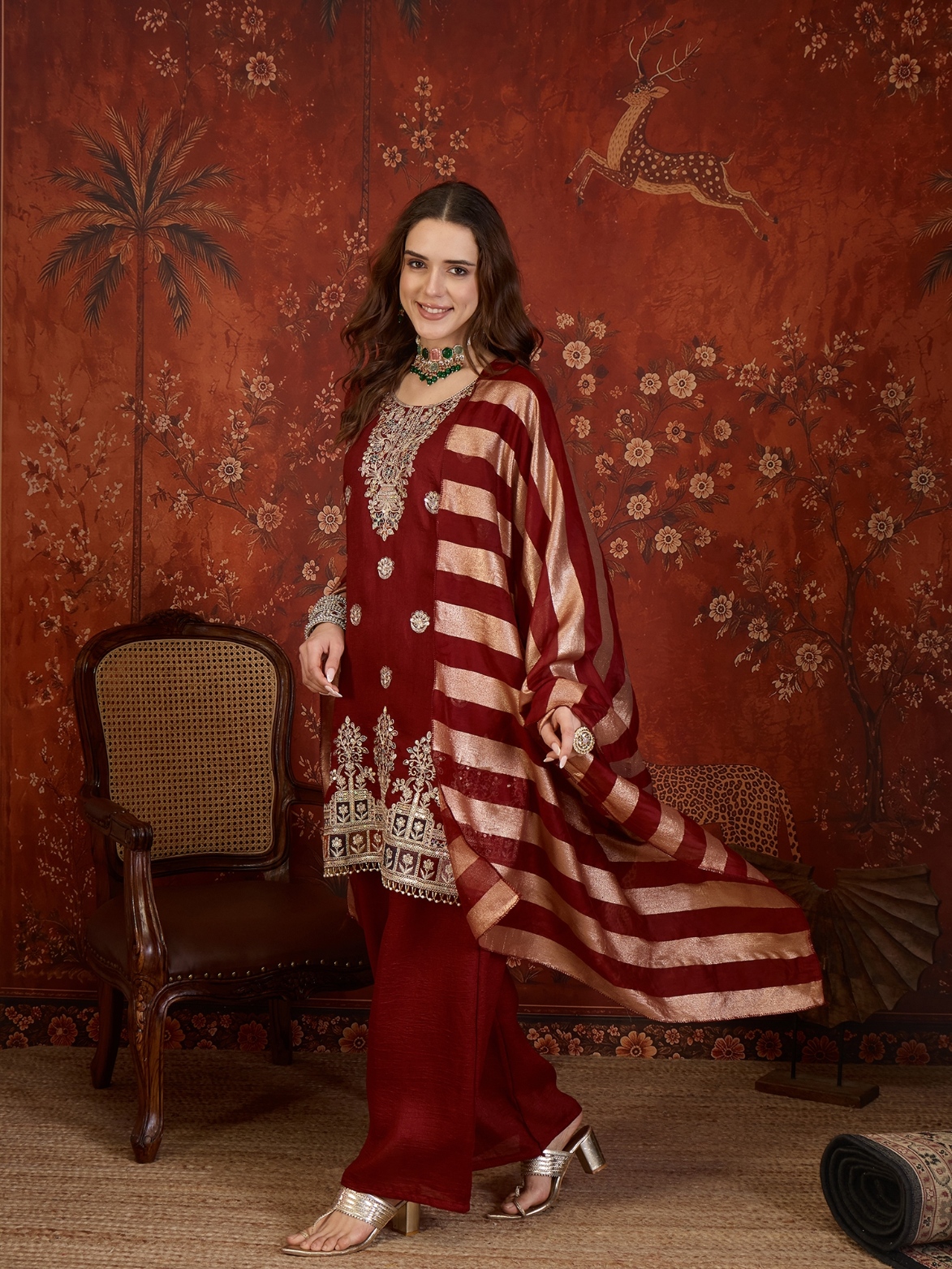 Maroon Designer Embroidery Vichitra Palazzo Suit