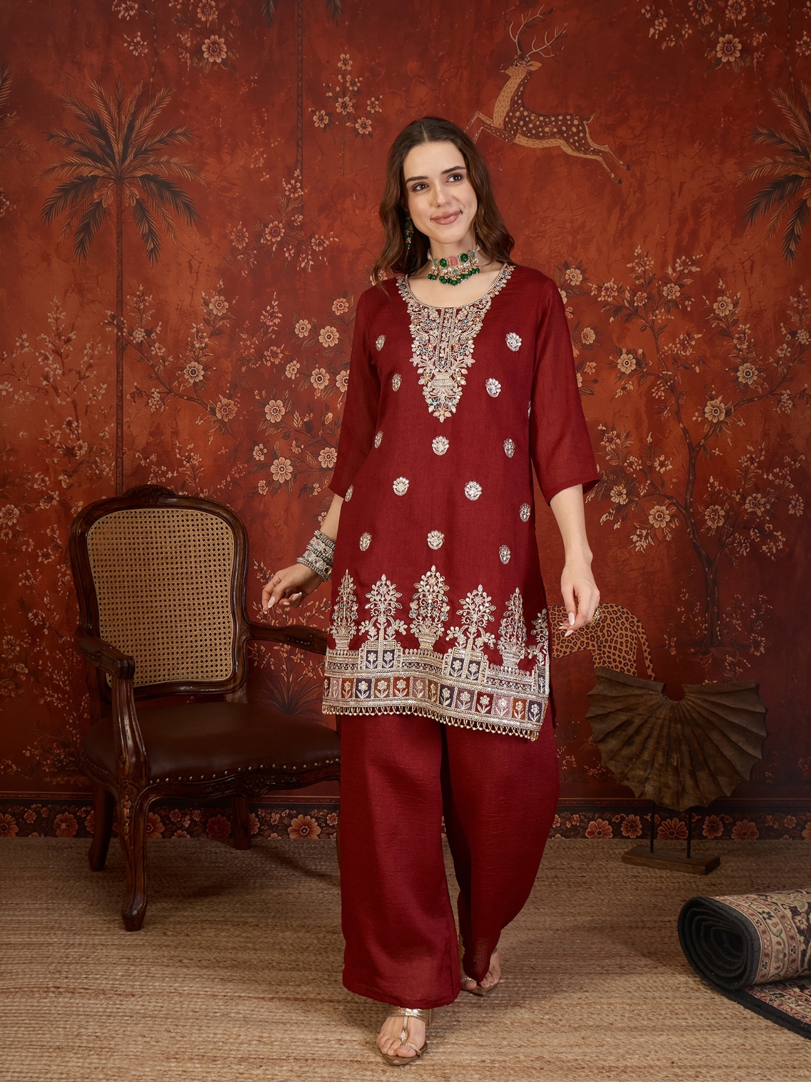 Maroon Designer Embroidery Vichitra Palazzo Suit