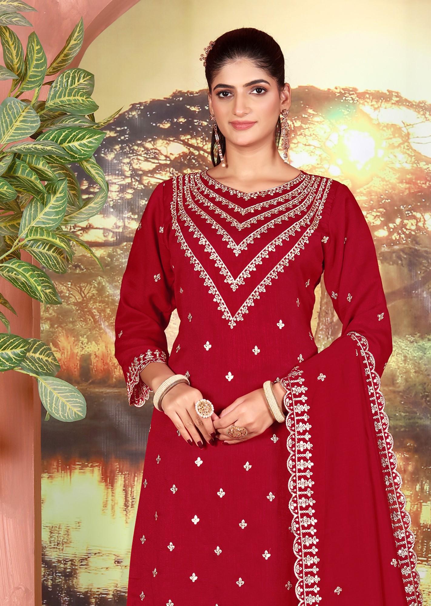 Maroon Designer Embroidery Work Vichitra Palazzo Suit — alternate view