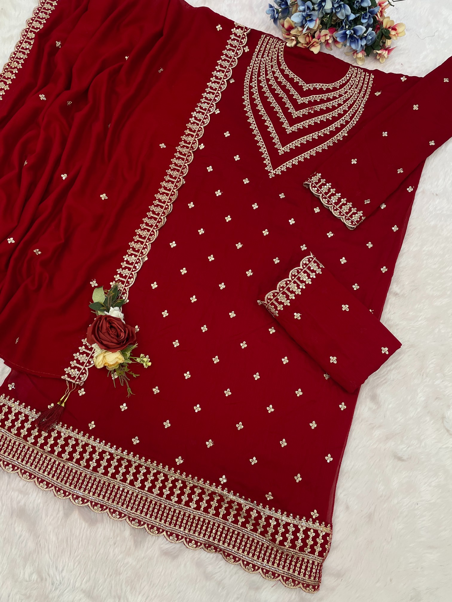 Maroon Designer Embroidery Work Vichitra Palazzo Suit