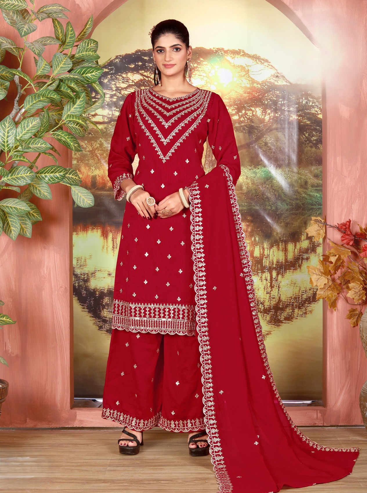 Maroon Designer Embroidery Work Vichitra Palazzo Suit