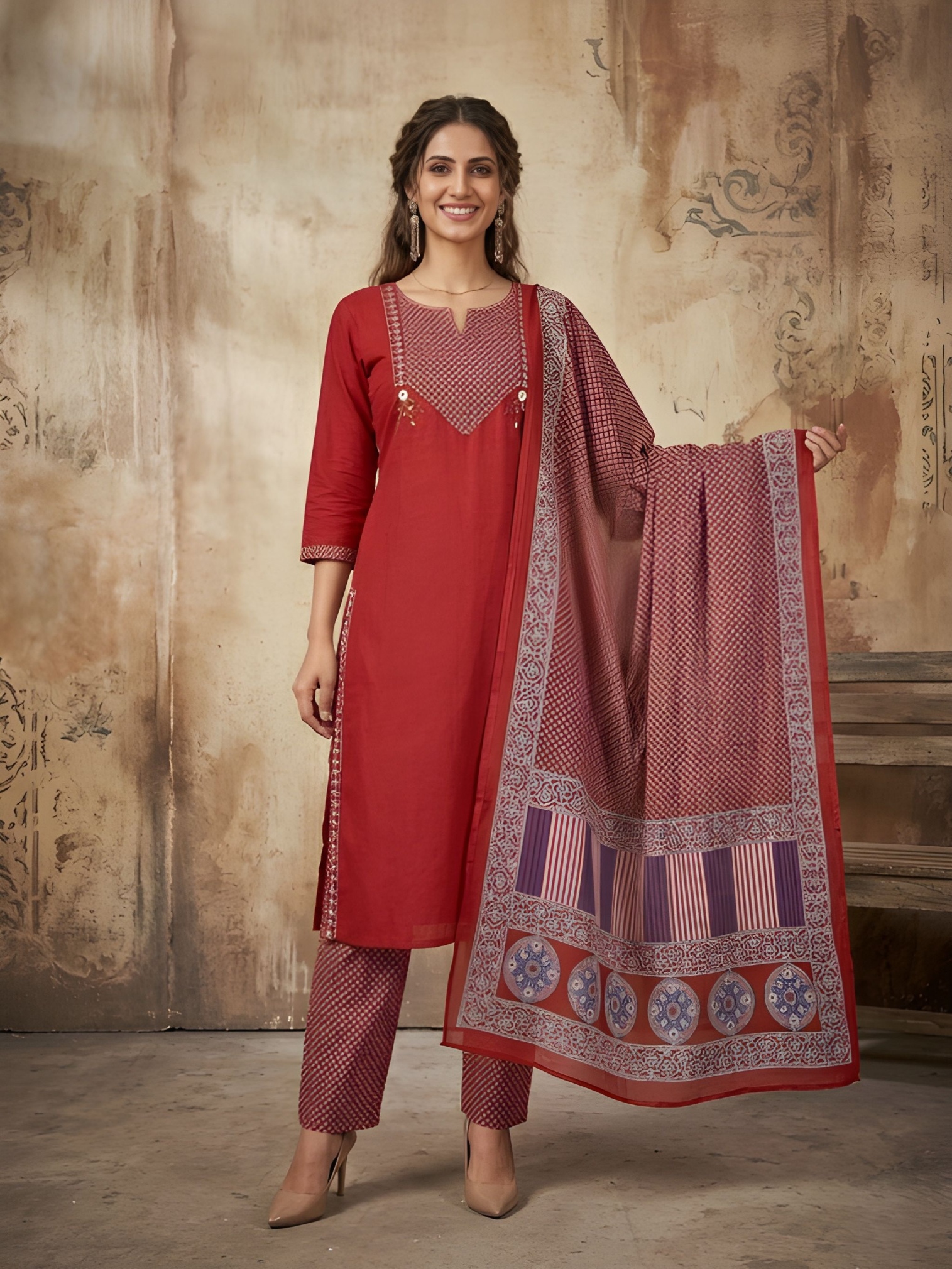 Maroon Designer Printed Hand Work Cotton Salwar Suit