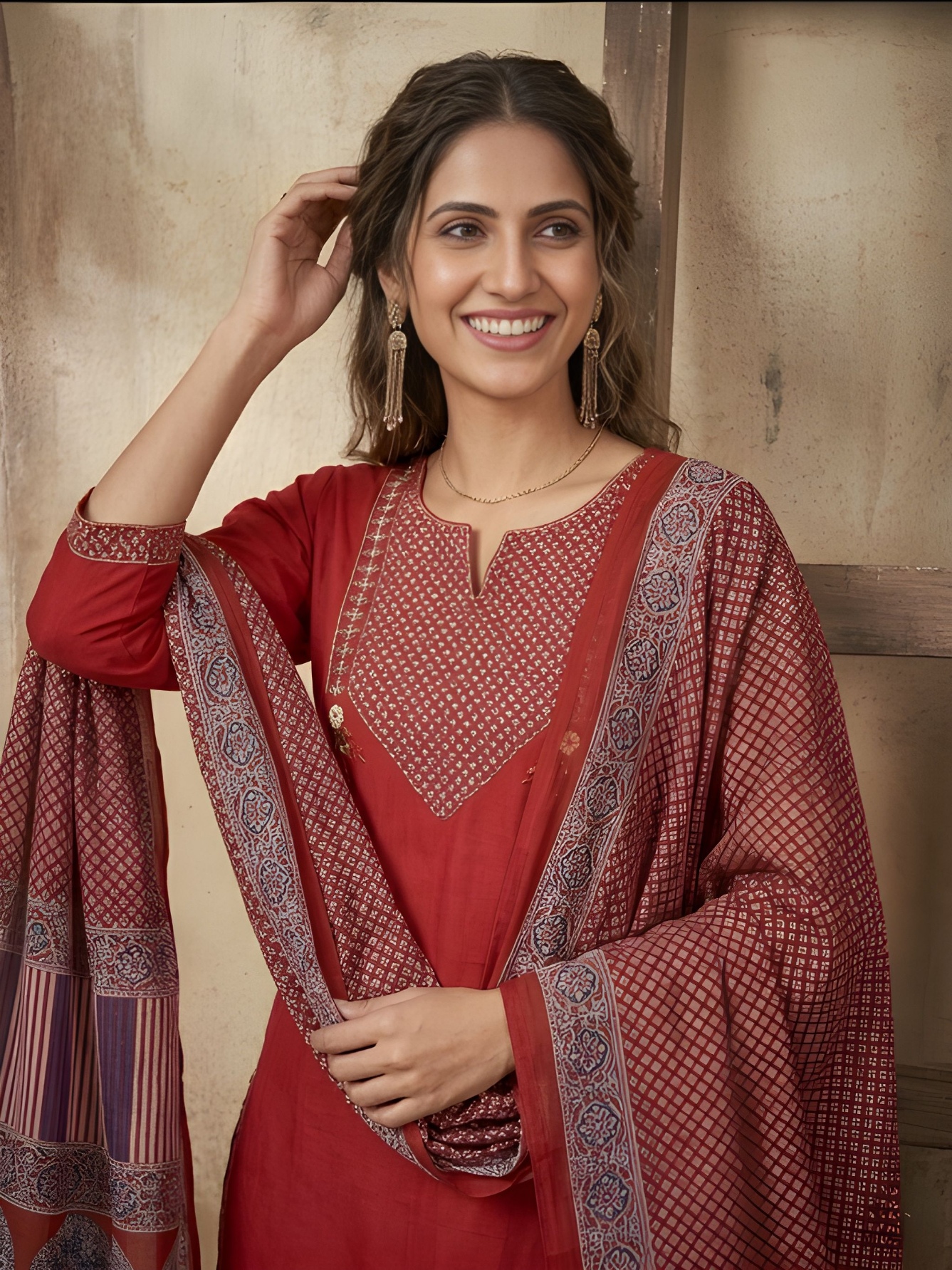 Maroon Designer Printed Hand Work Cotton Salwar Suit