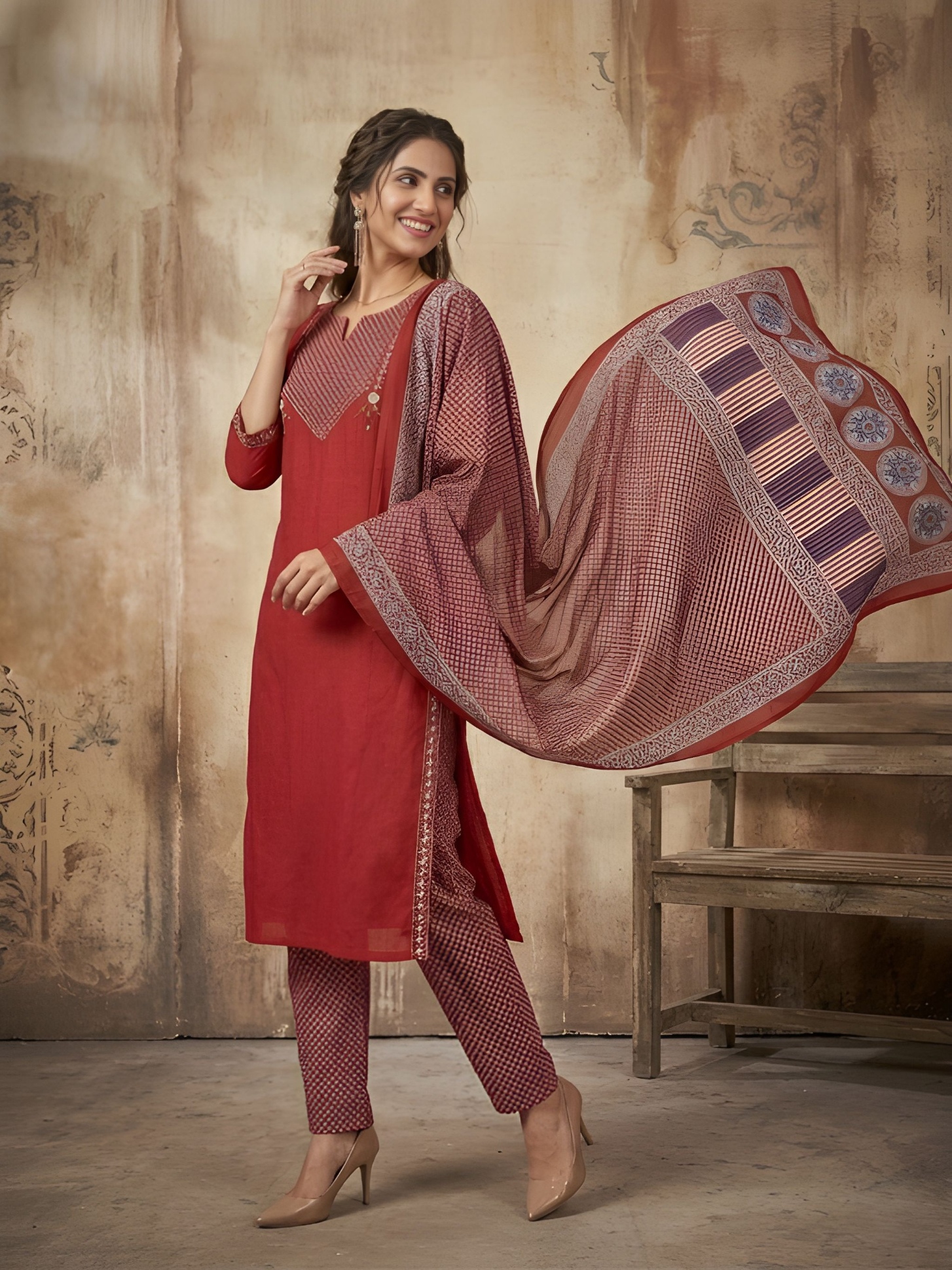 Maroon Designer Printed Hand Work Cotton Salwar Suit