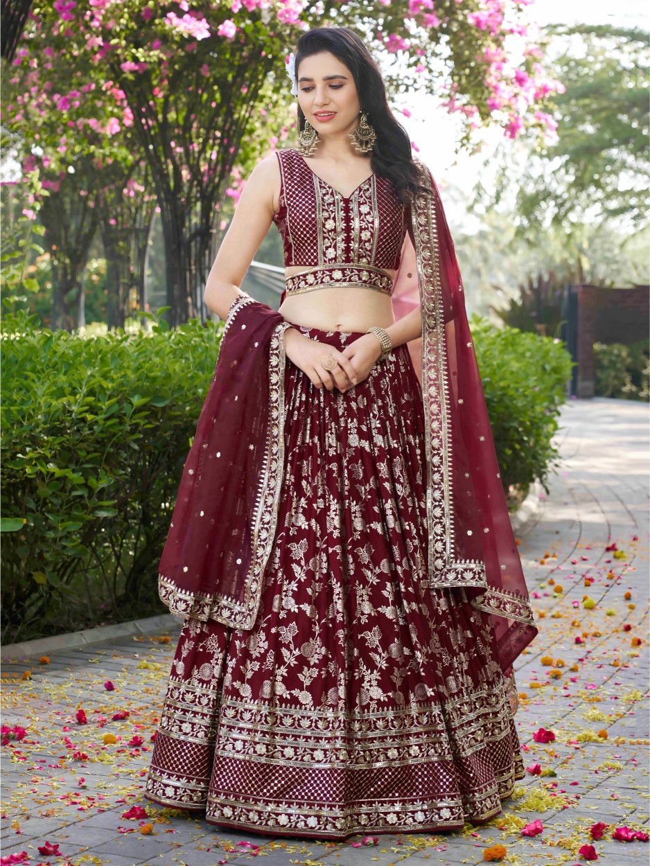 Maroon Dola Silk Jacquard Bridal Lehenga