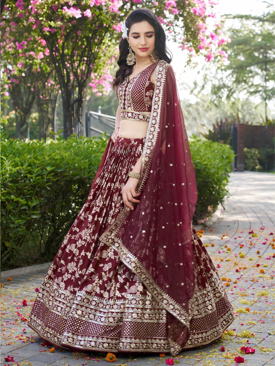 Maroon Dola Silk Jacquard Bridal Lehenga