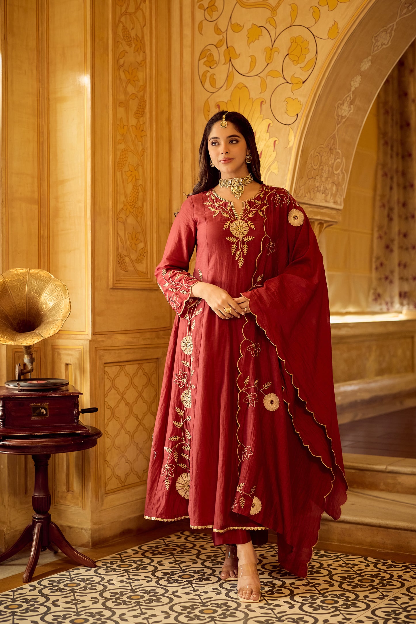 Maroon Embroidered Chanderi Anarkali Suit