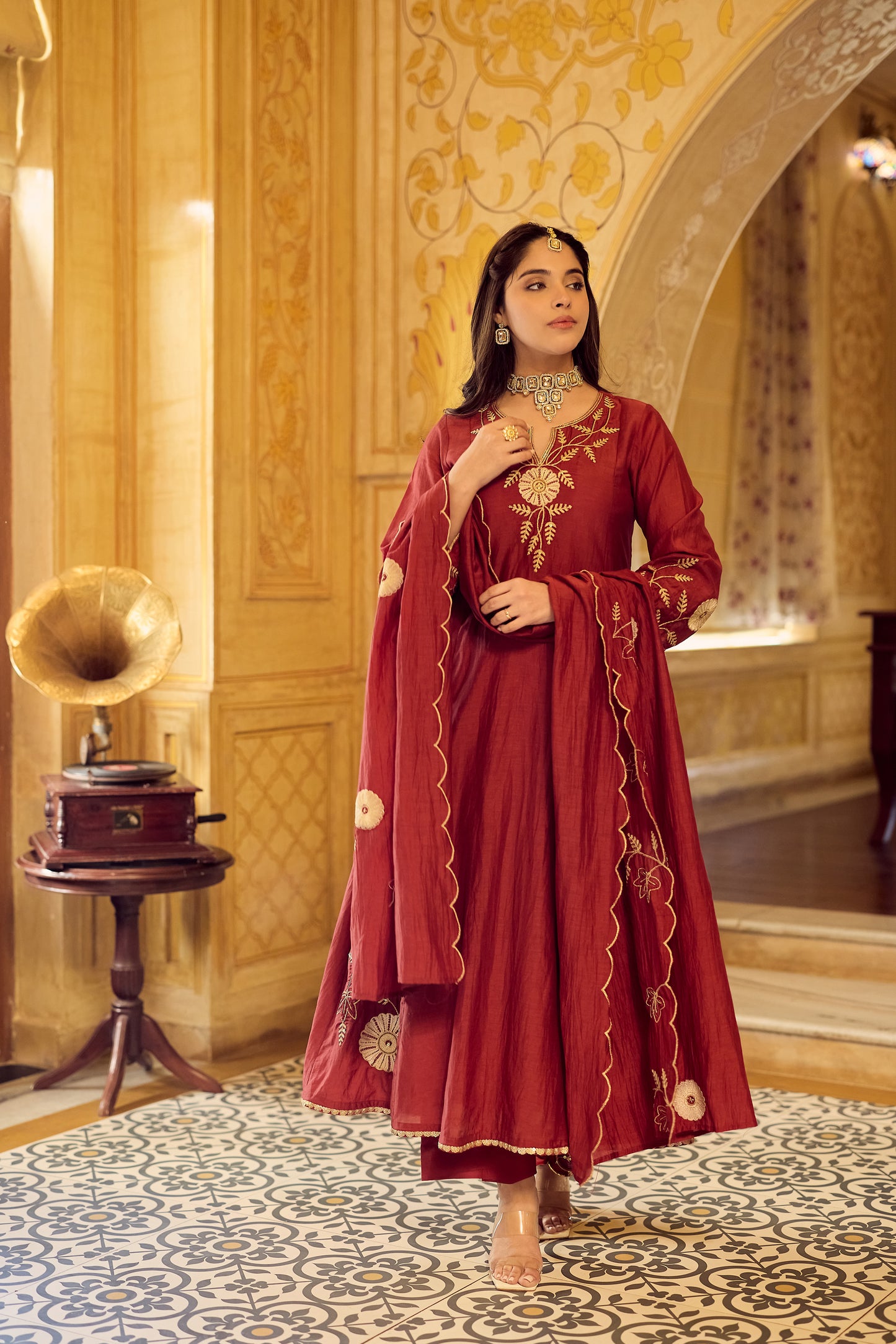 Maroon Embroidered Chanderi Anarkali Suit
