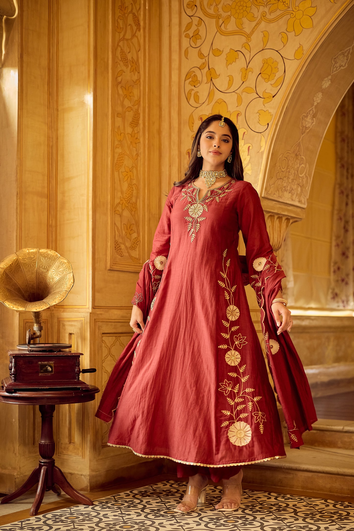 Maroon Embroidered Chanderi Anarkali Suit