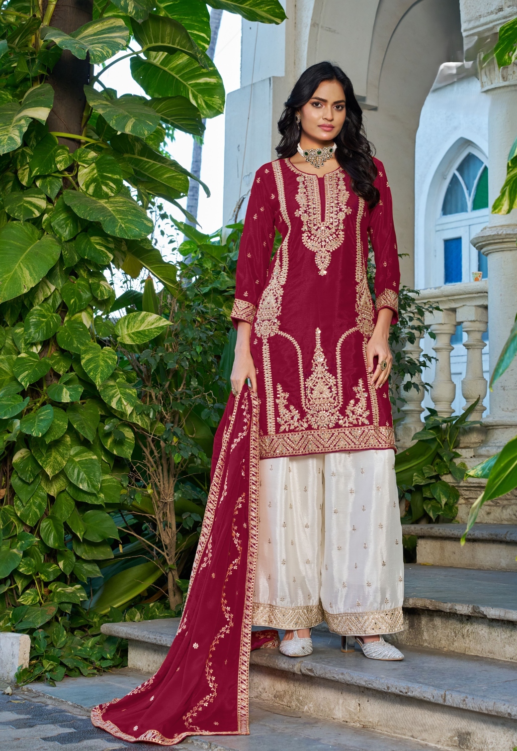 Maroon Embroidered Chinon Palazzo Suit