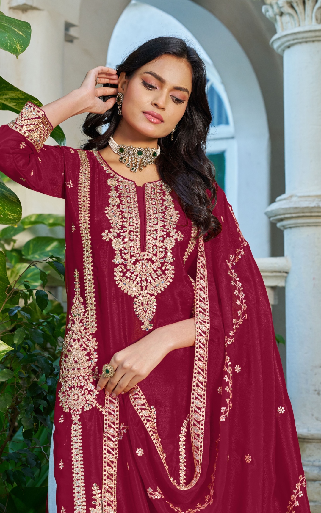 Maroon Embroidered Chinon Palazzo Suit