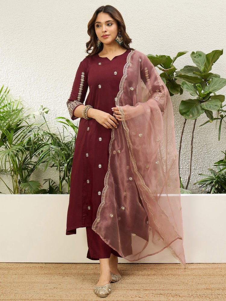 Maroon Embroidered Chinon Straight Suit