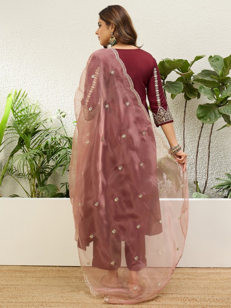 Maroon Embroidered Chinon Straight Suit — alternate view