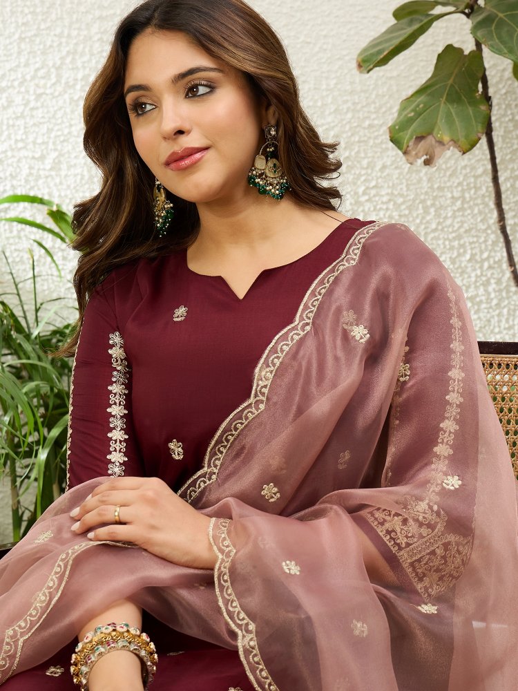 Maroon Embroidered Chinon Straight Suit