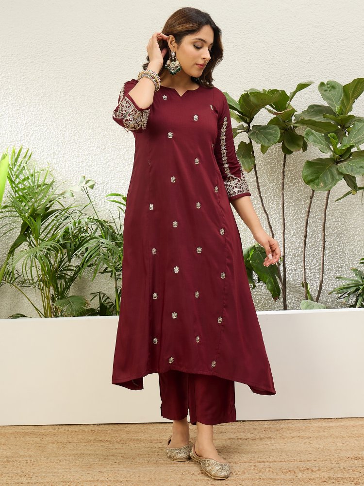 Maroon Embroidered Chinon Straight Suit