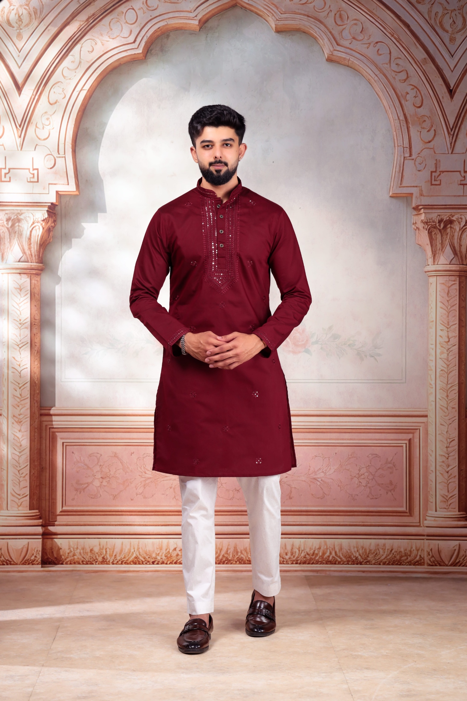 Maroon Embroidered Cotton Kurta Pyjama