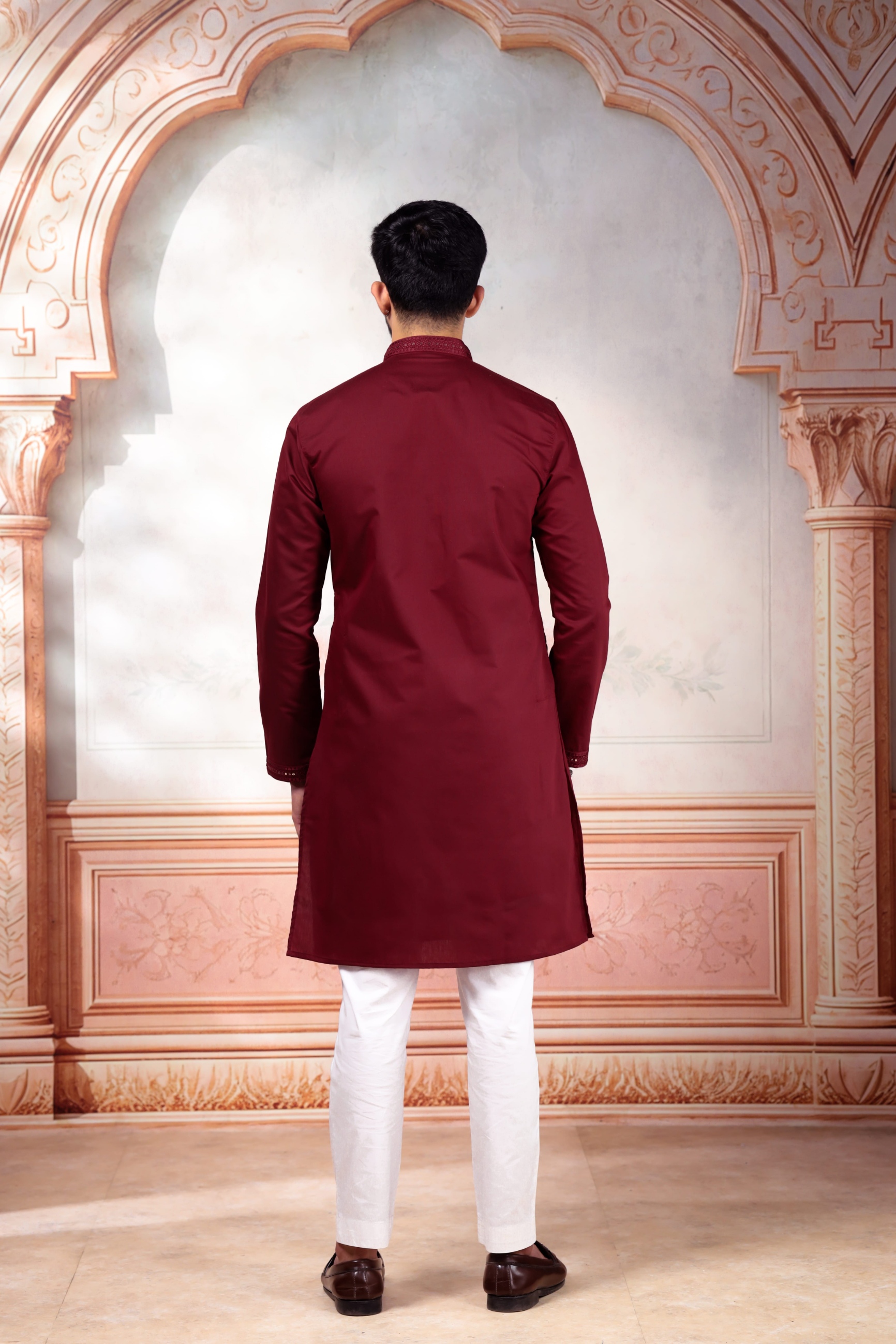 Maroon Embroidered Cotton Kurta Pyjama — alternate view