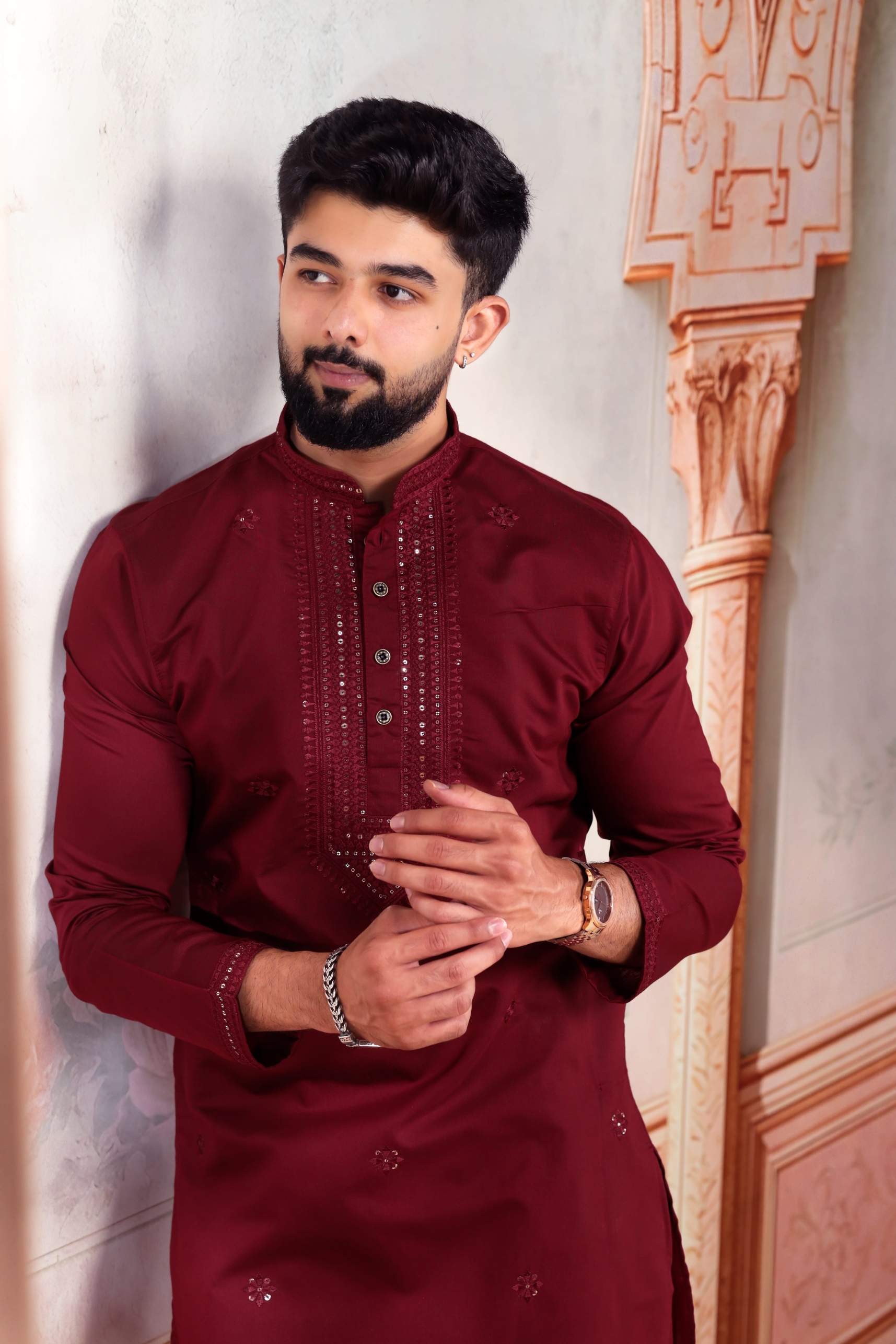 Maroon Embroidered Cotton Kurta Pyjama