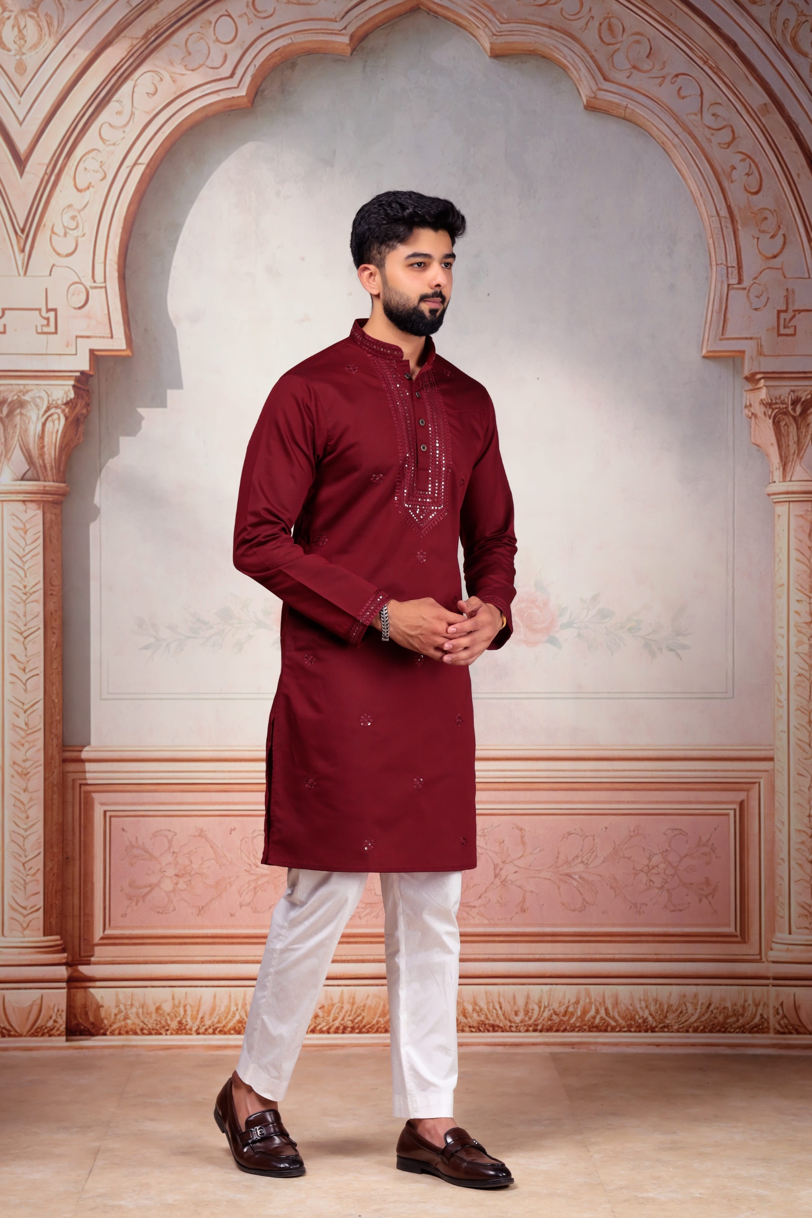 Maroon Embroidered Cotton Kurta Pyjama