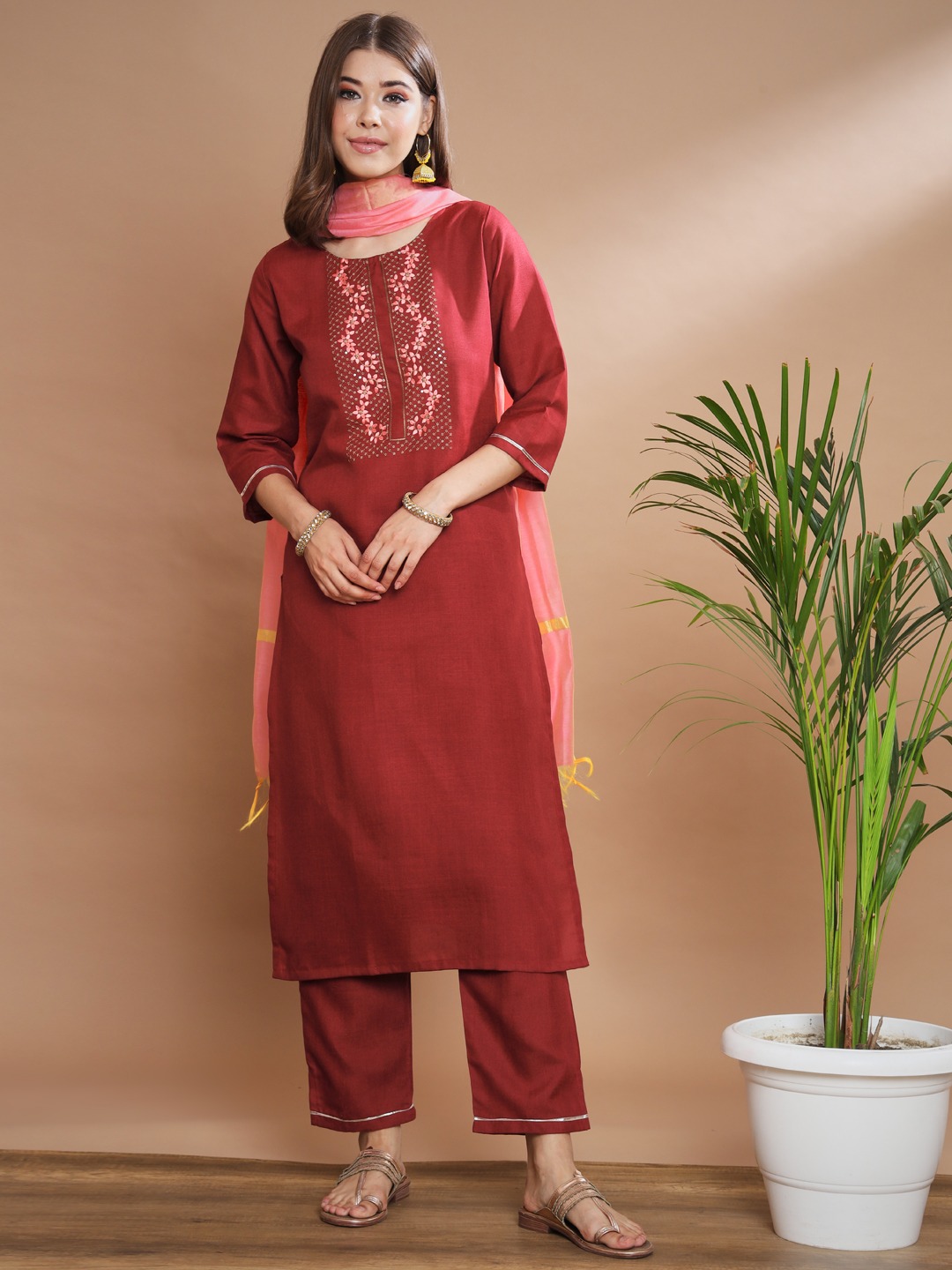 Maroon Embroidered Cotton Salwar Suit