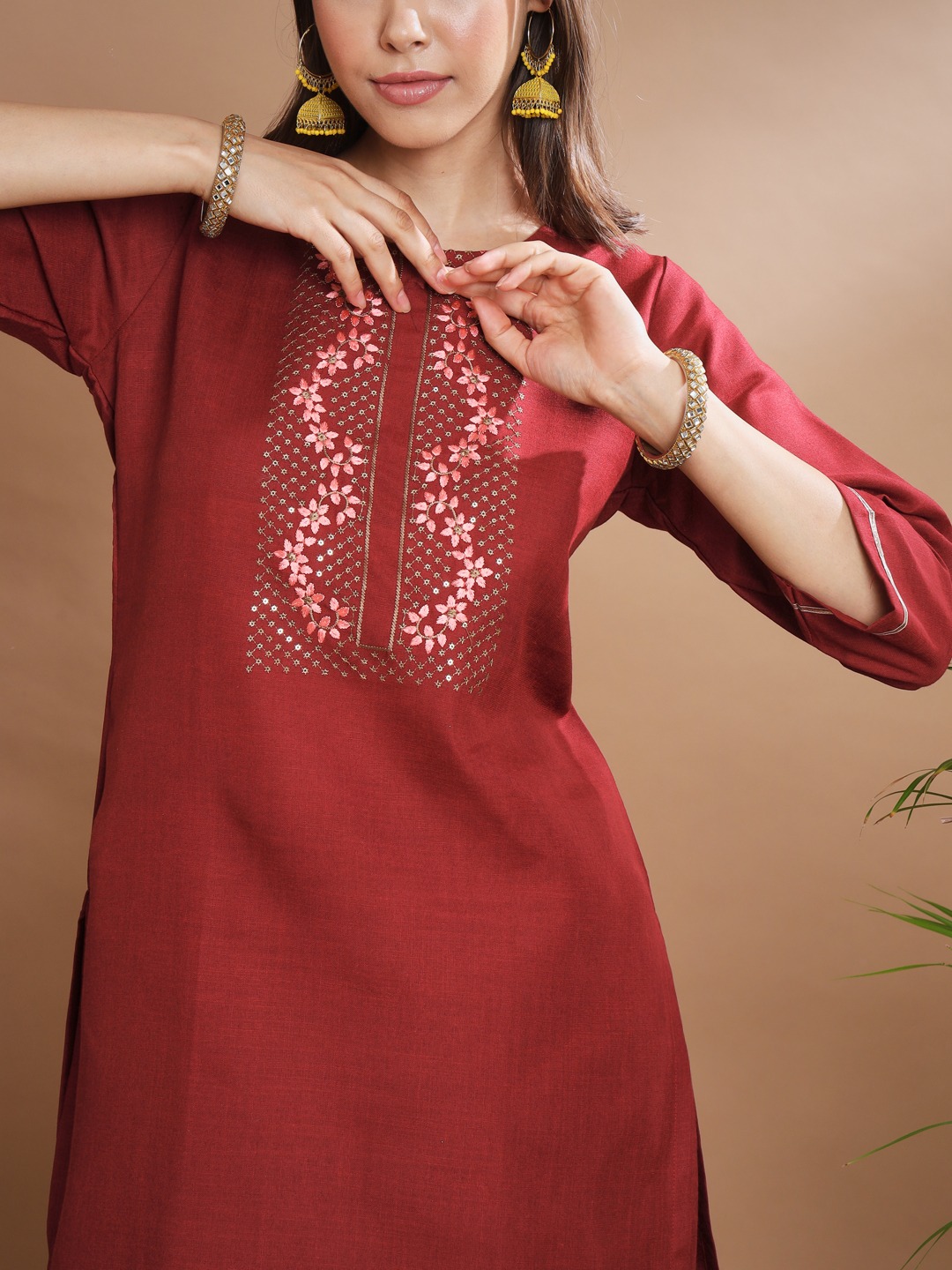 Maroon Embroidered Cotton Salwar Suit