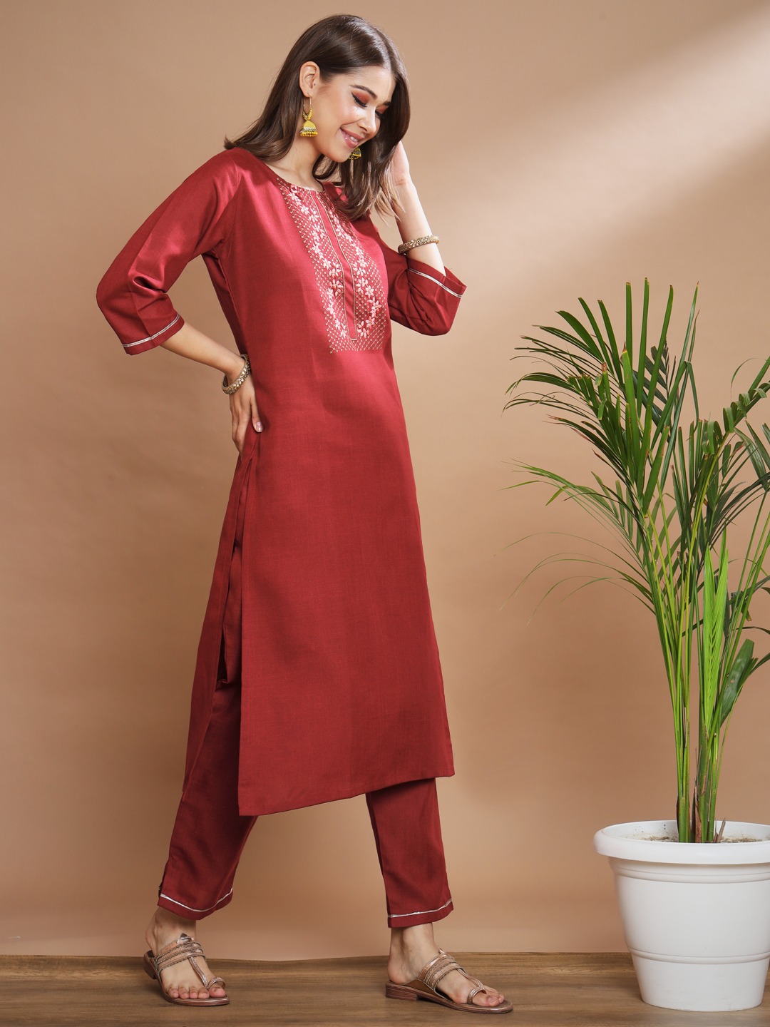 Maroon Embroidered Cotton Salwar Suit