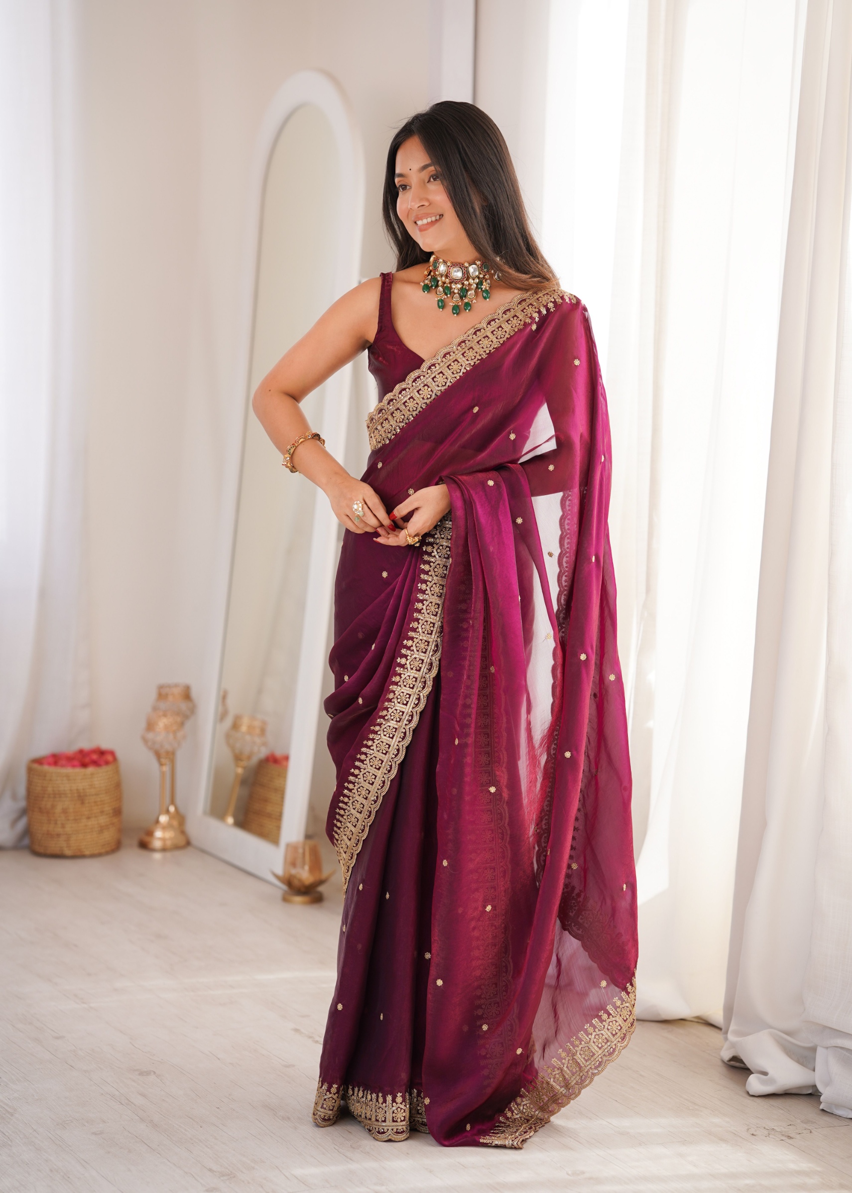 Maroon Embroidered Fendy Satin Saree