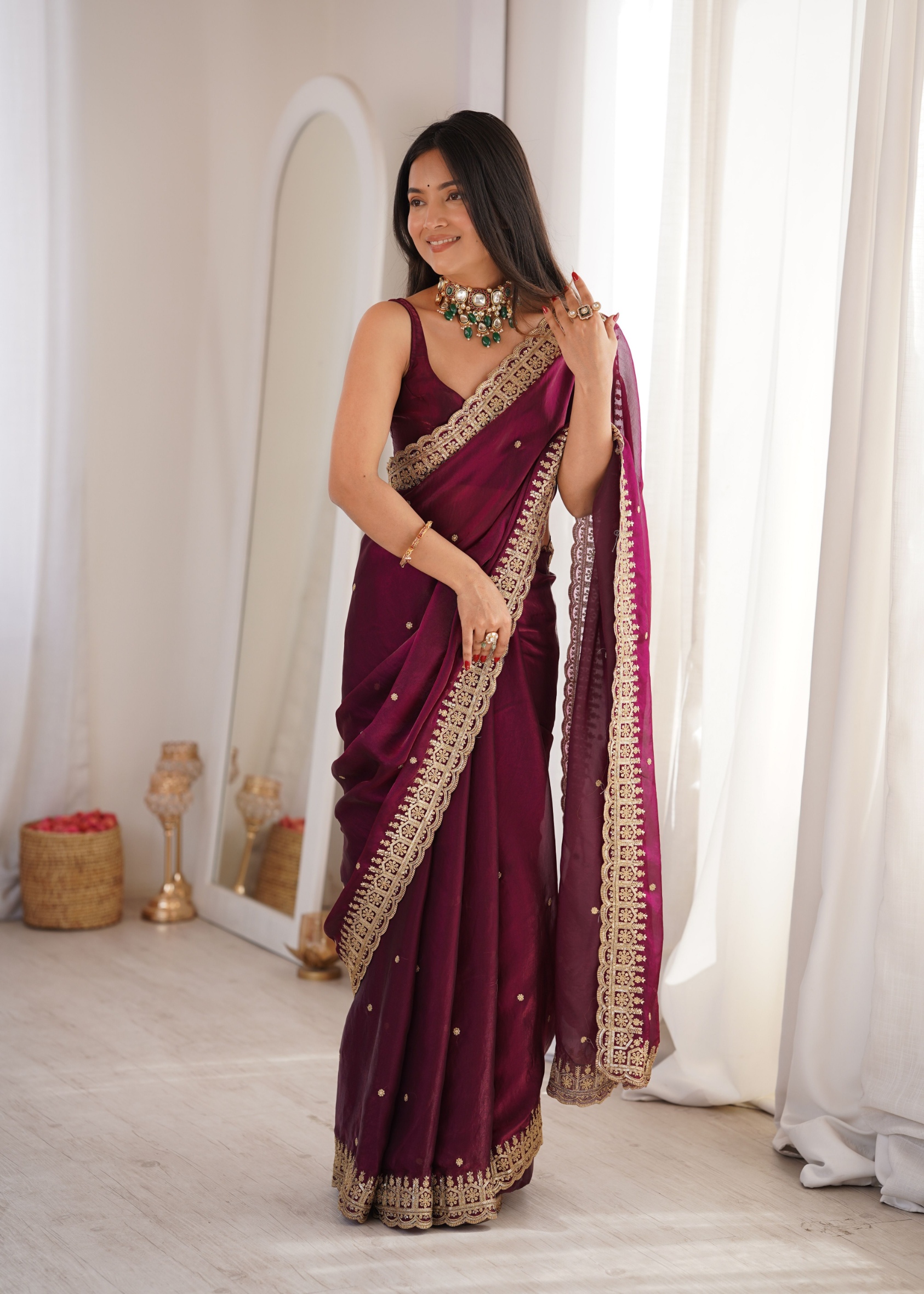 Maroon Embroidered Fendy Satin Saree — alternate view