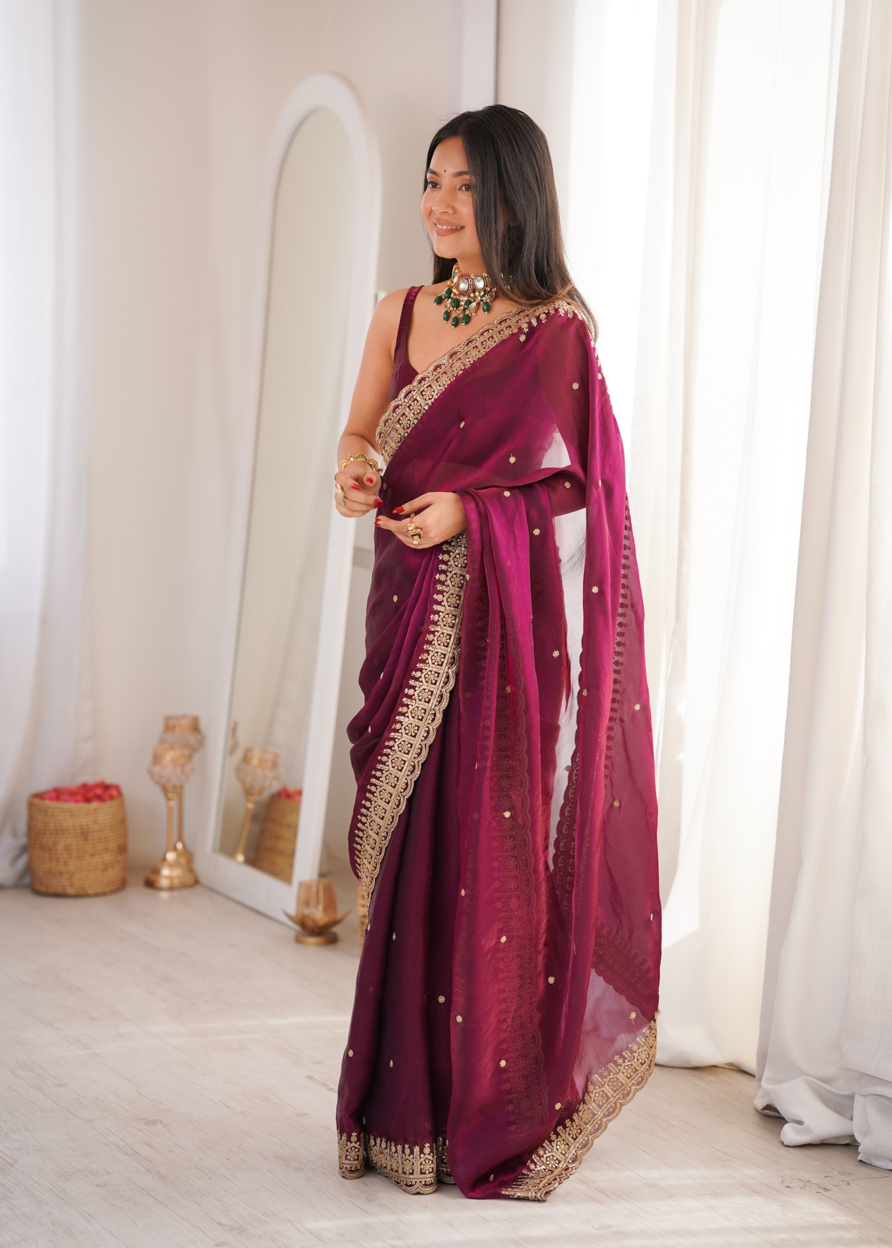 Maroon Embroidered Fendy Satin Saree
