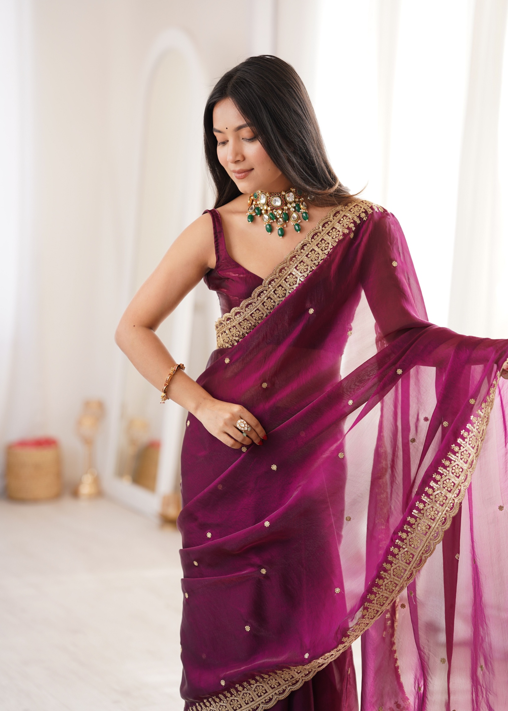 Maroon Embroidered Fendy Satin Saree