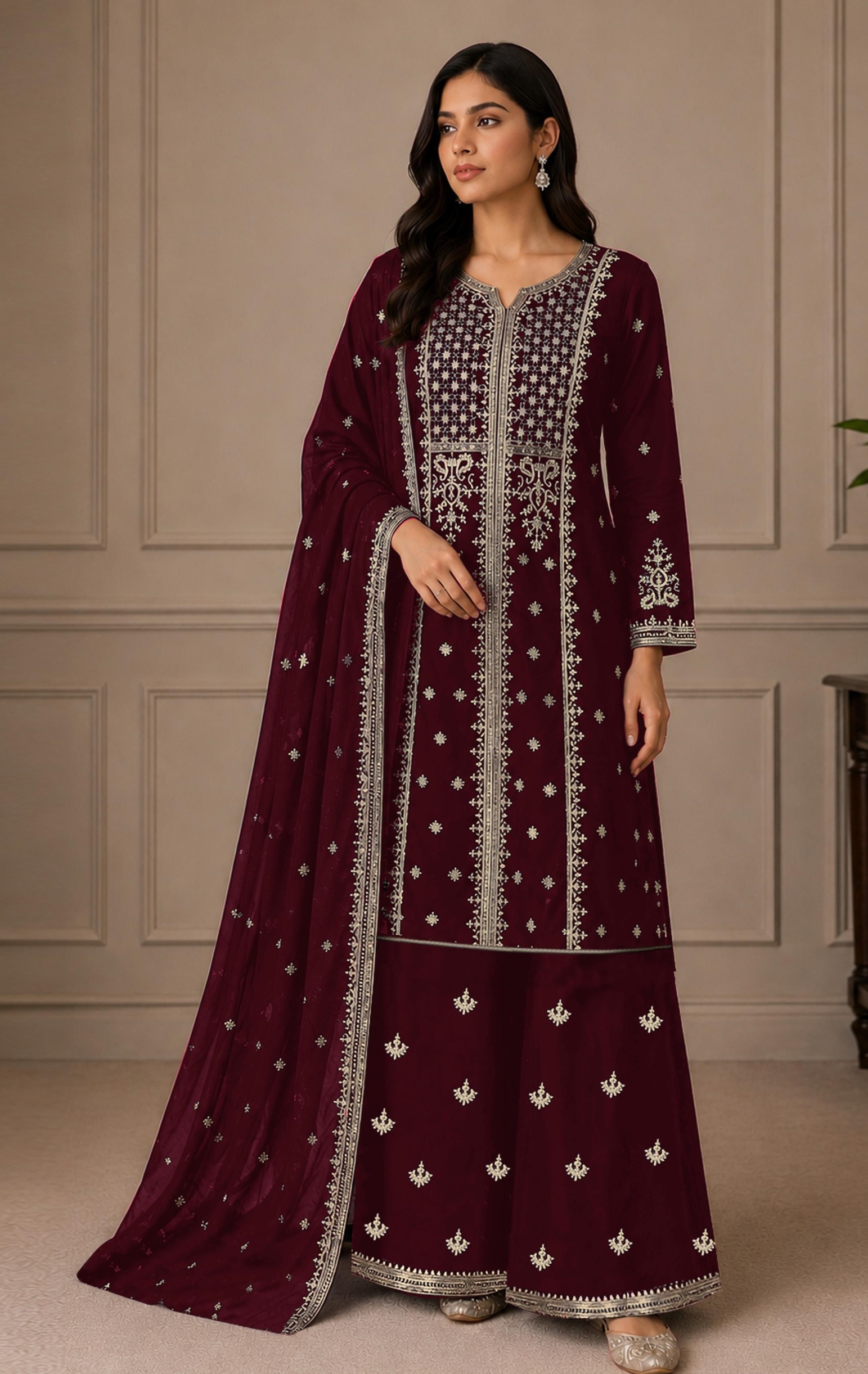 Maroon Embroidered Georgette Palazzo Suit
