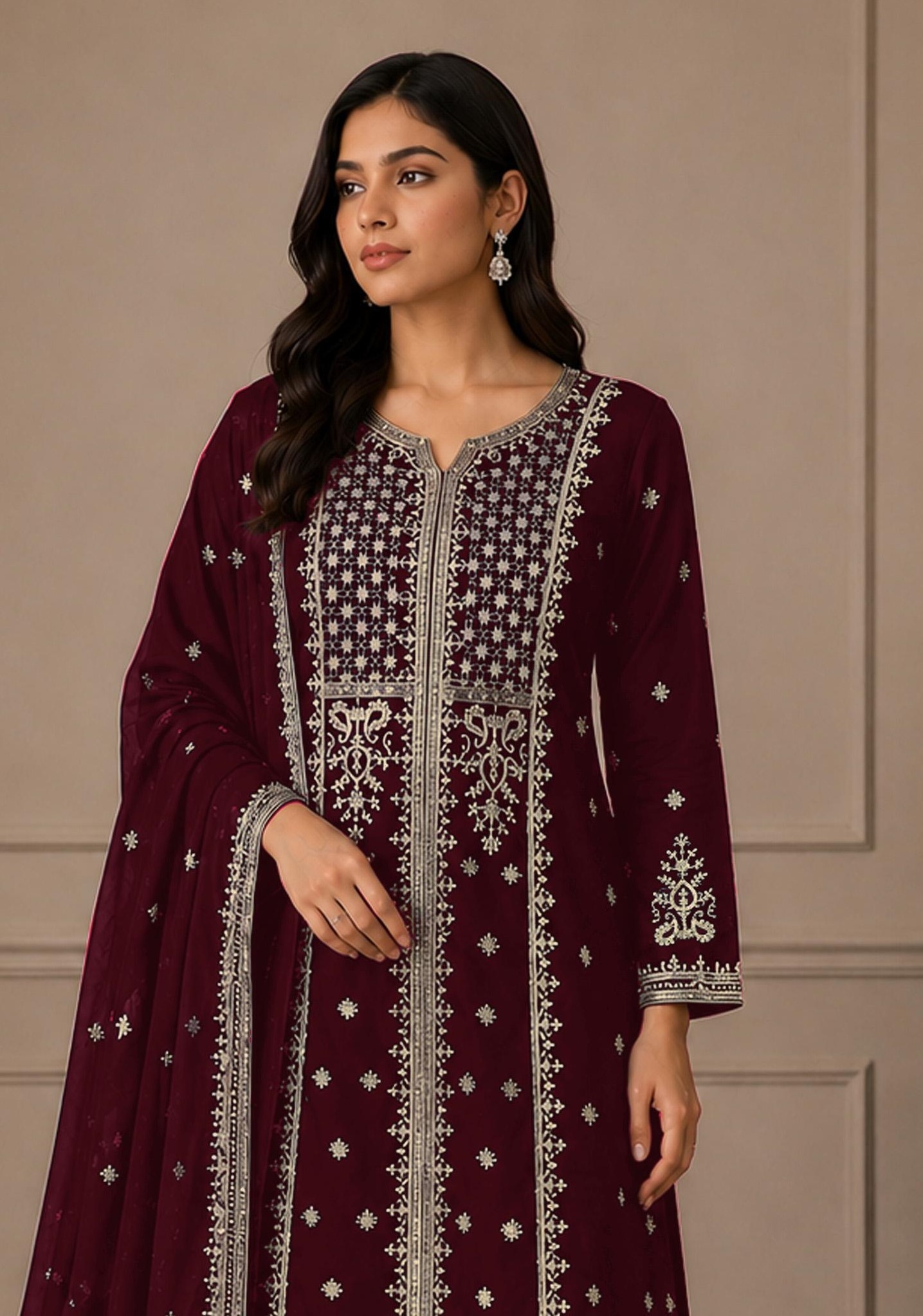 Maroon Embroidered Georgette Palazzo Suit — alternate view