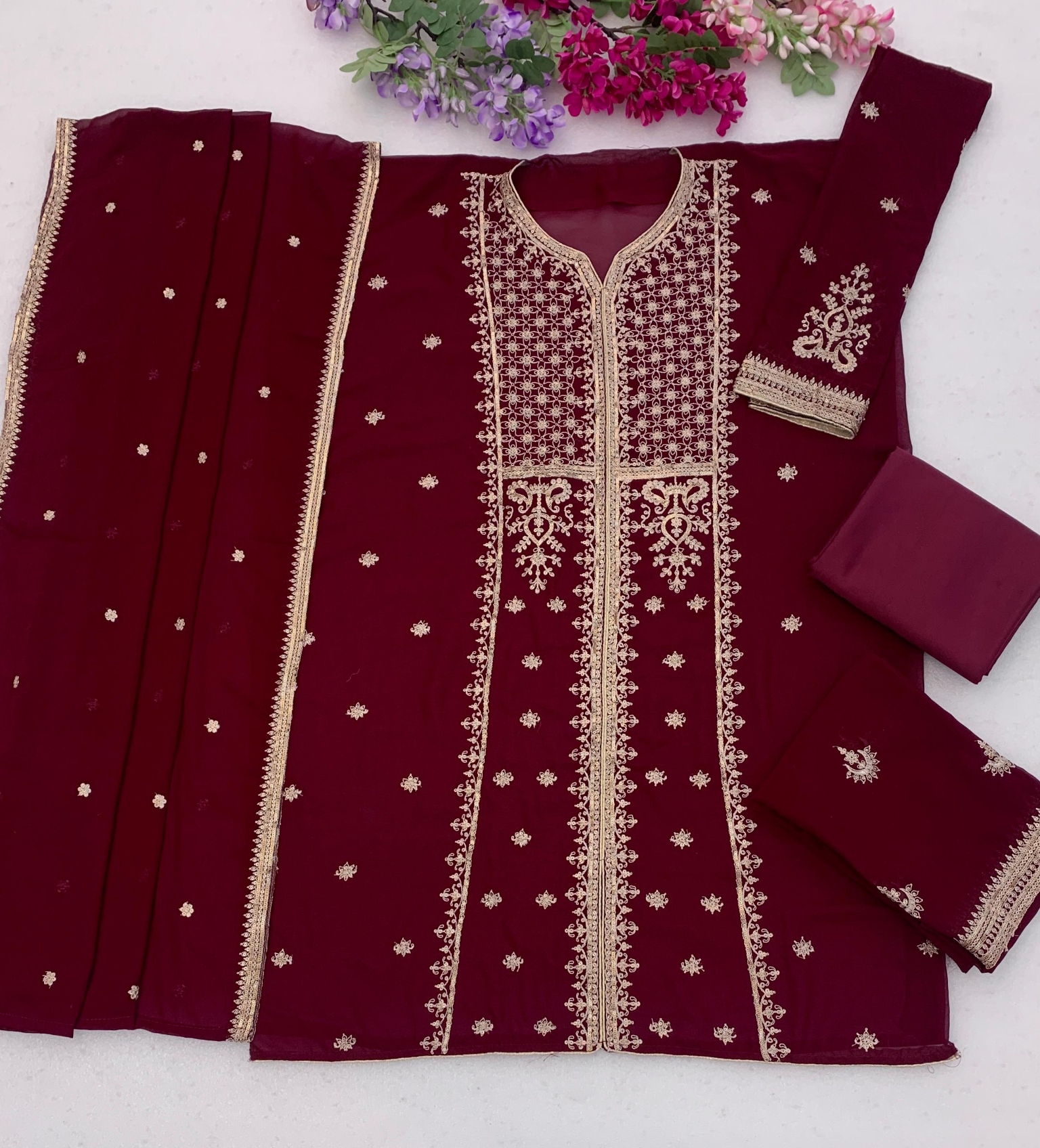 Maroon Embroidered Georgette Palazzo Suit
