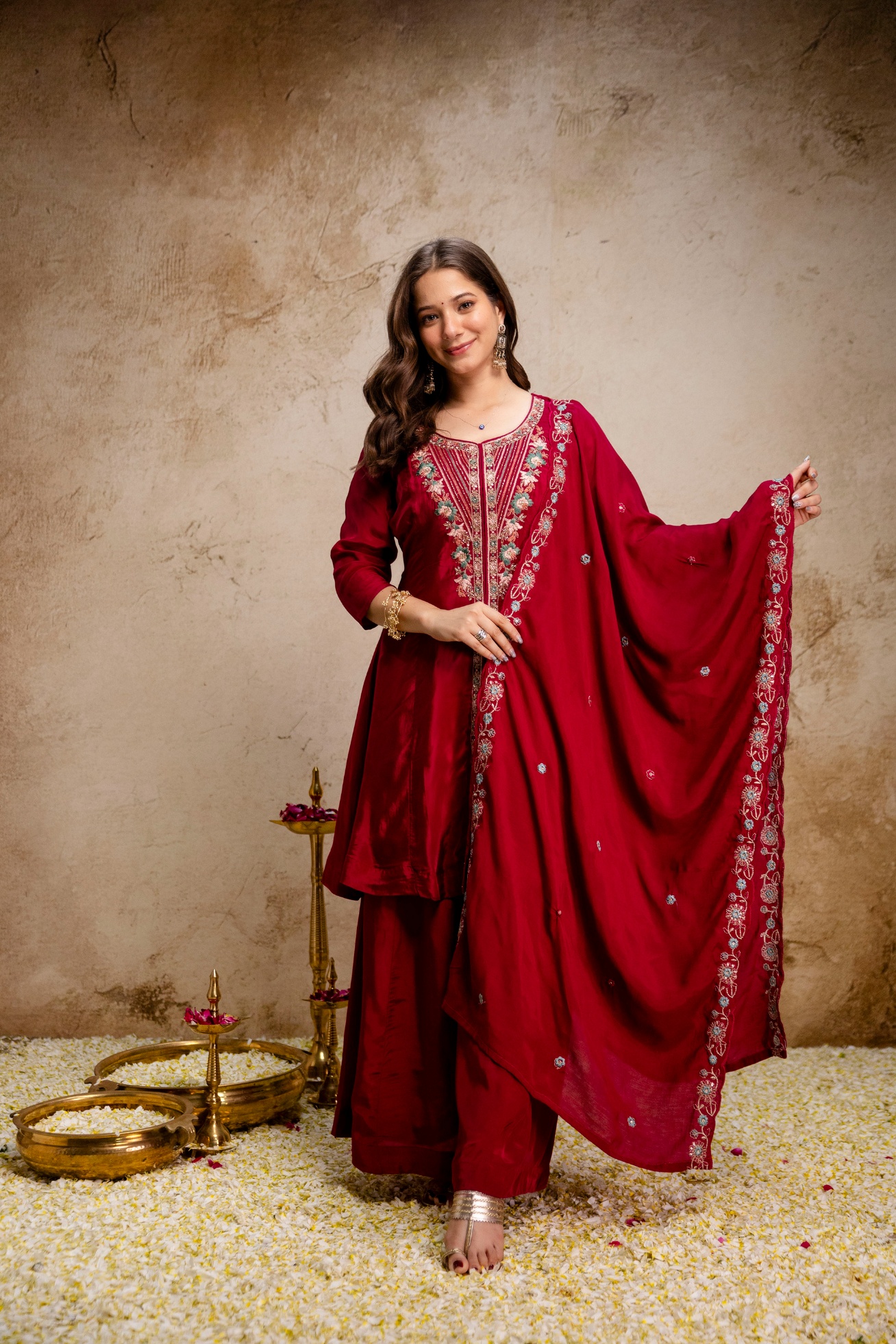 Maroon Embroidered Mul Chanderi Kurta Set