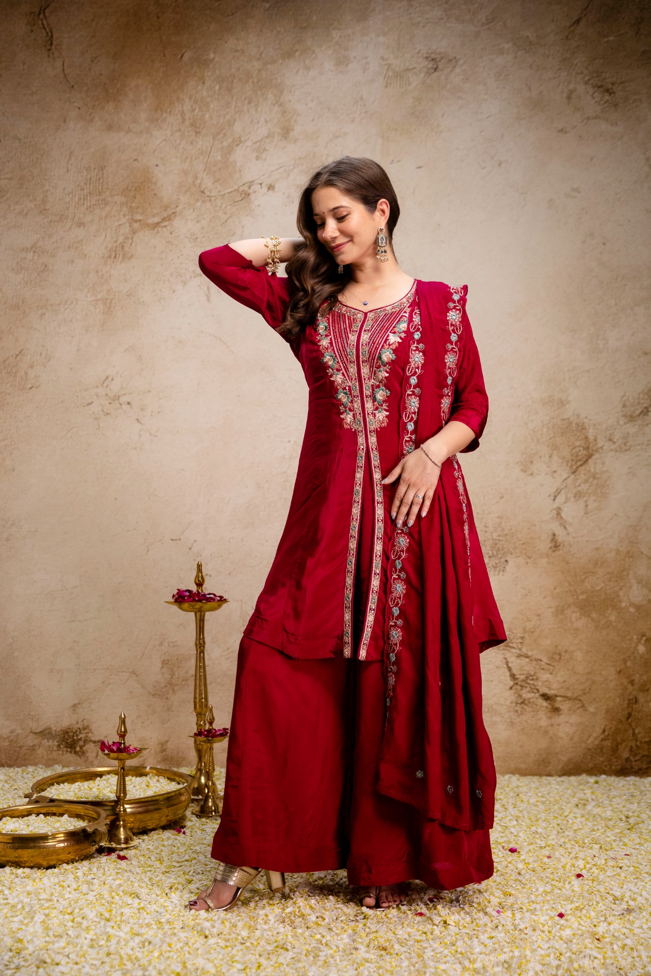 Maroon Embroidered Mul Chanderi Kurta Set