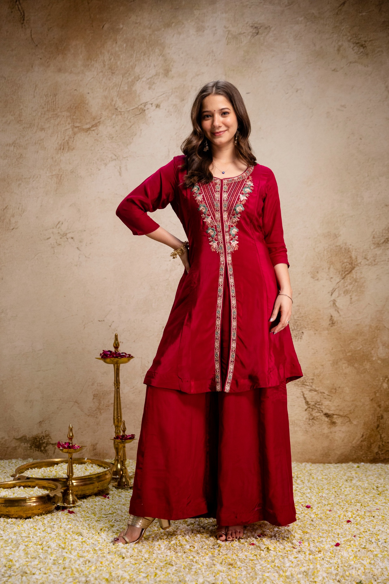 Maroon Embroidered Mul Chanderi Kurta Set