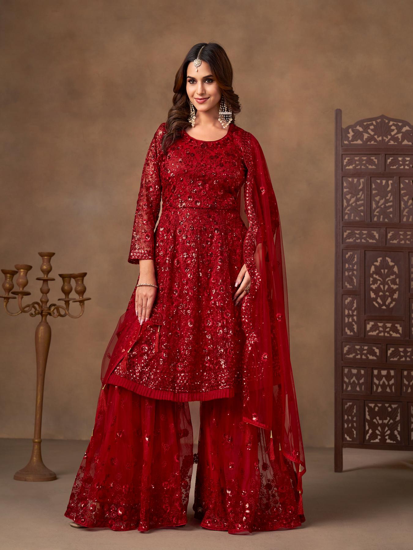 Maroon Embroidered Net Sharara Suit