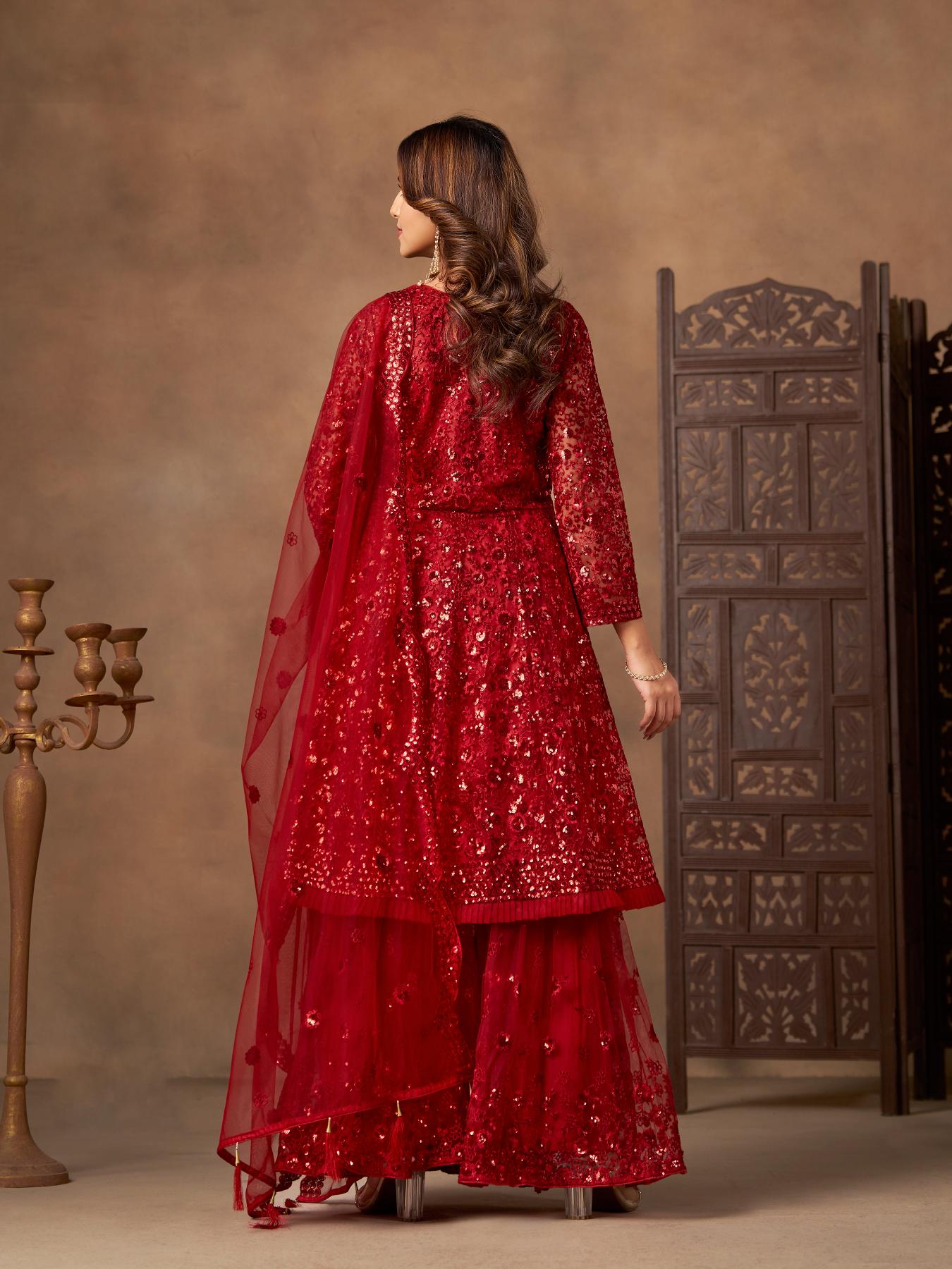 Maroon Embroidered Net Sharara Suit — alternate view